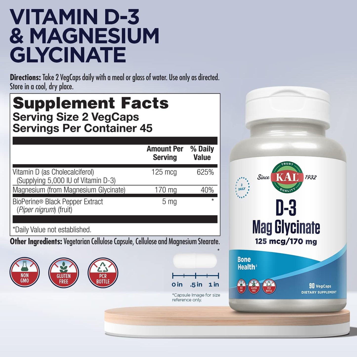 Vitamin D3 and Magnesium Glycinate Supplement with BioPerine for Enhanced Absorption, Muscle and Bone Health Support, Immune Support, Non-GMO and Gluten Free, 45 Servings, 90 VegCaps - Espot.com.au