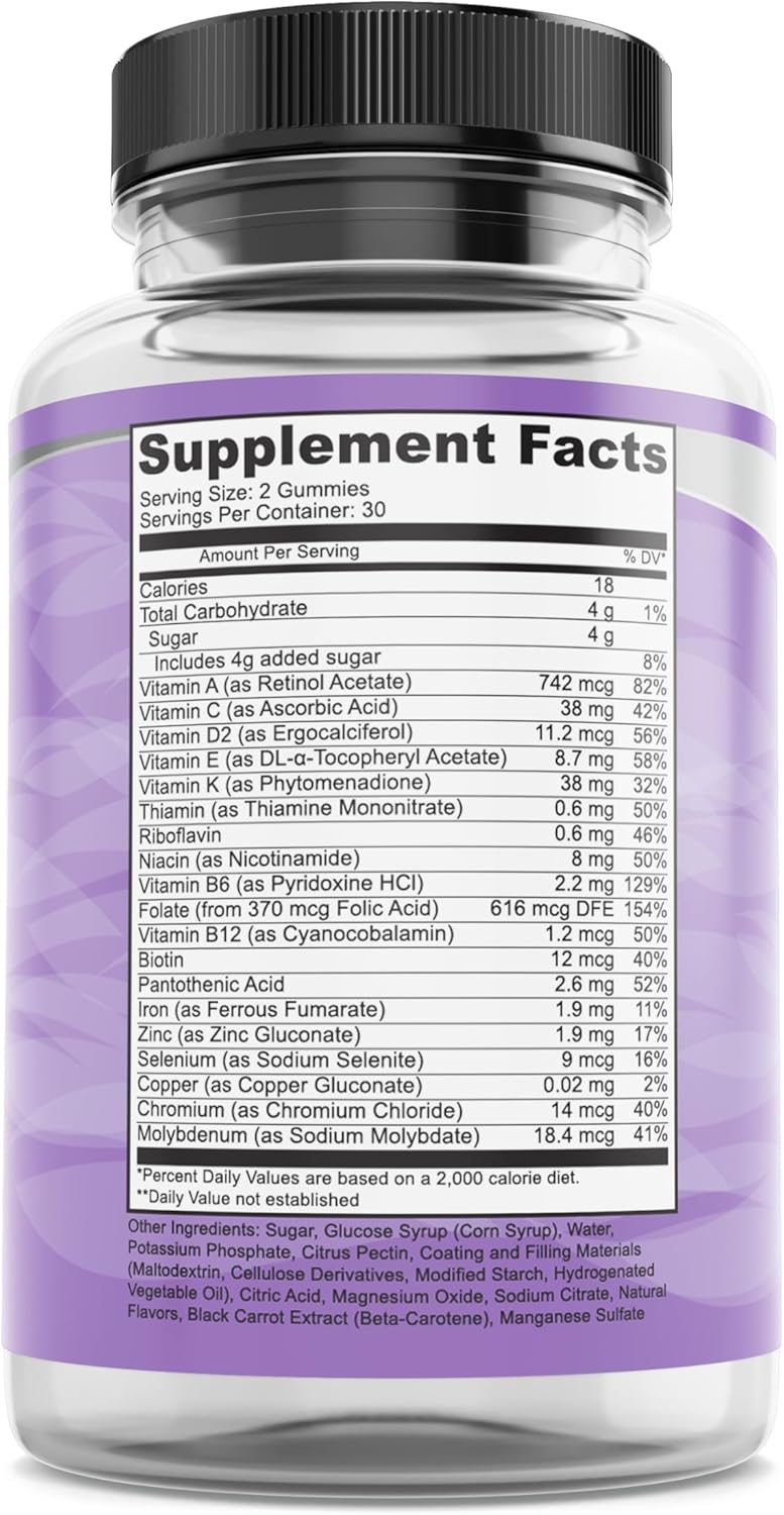 Pure By Nature Mega Multi Gummies - Natural Flavored Multi Vitamin Gummies for Women & Men - Dietary Supplement - Multivitamin with Vitamins A, D2, C, E, K, Biotin, Folic Acid - 60 Count - Espot.com.au
