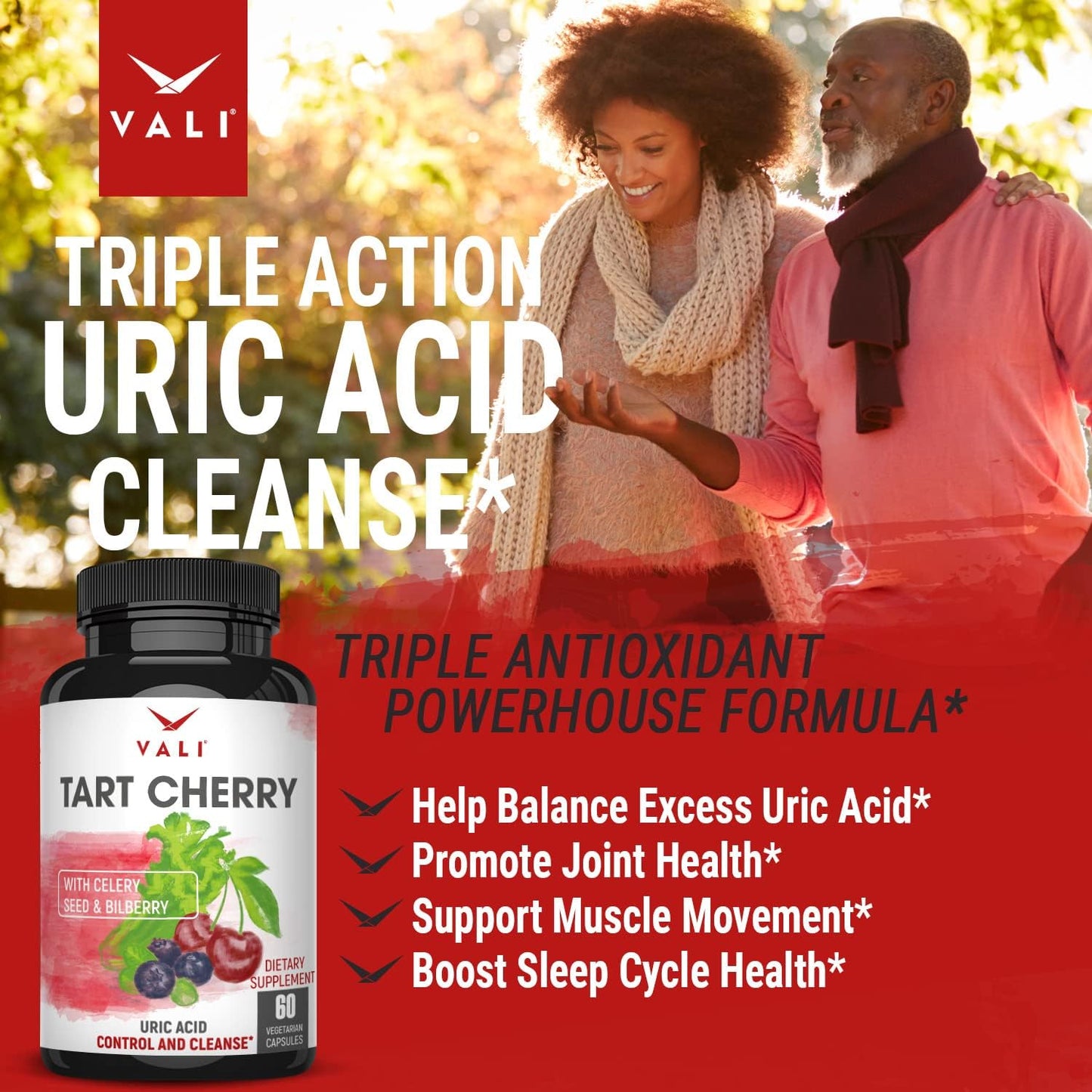 Organic Tart Cherry Uric Acid Cleanse Supplement with Celery & Bilberry Extracts for Joint Support & Muscle Health - 60 Capsules - Espot.com.au