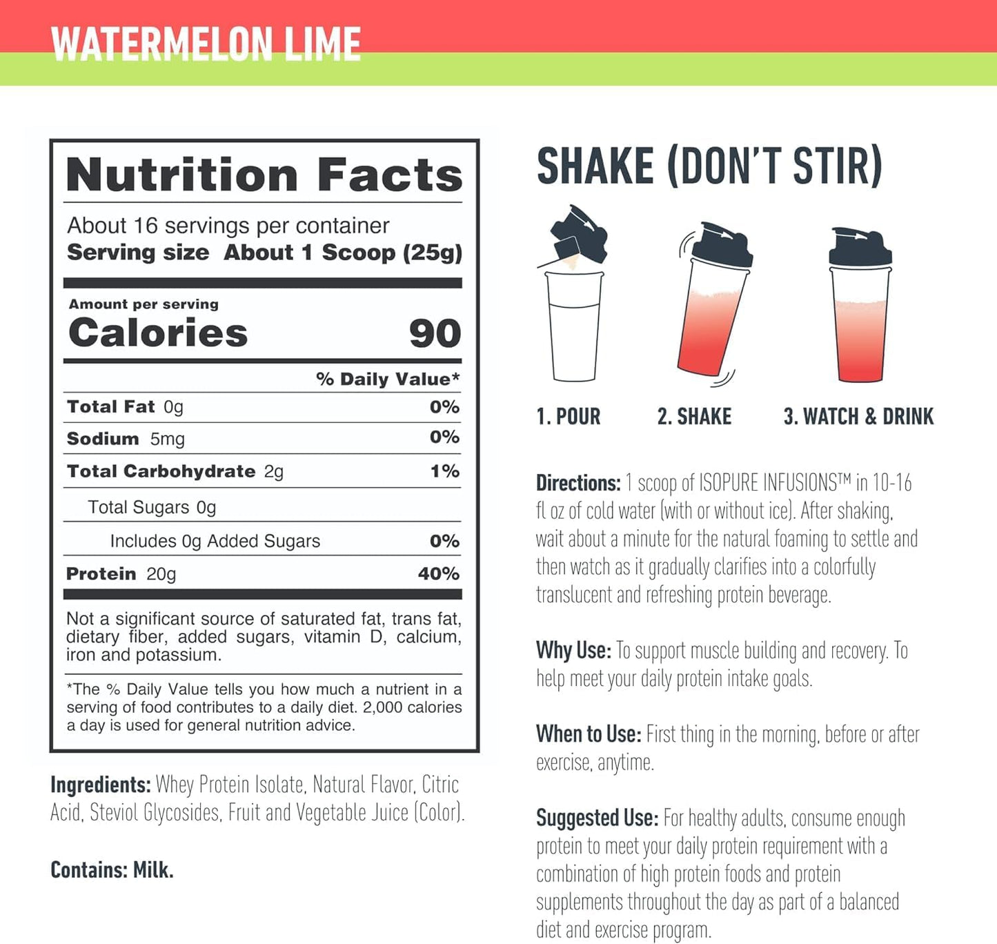 Isopure Clear Whey Isolate Protein Powder Infusions, Watermelon Lime Flavor, 14.1 Oz, 20g Protein, Lactose & Gluten Free - 16 Servings - Espot.com.au