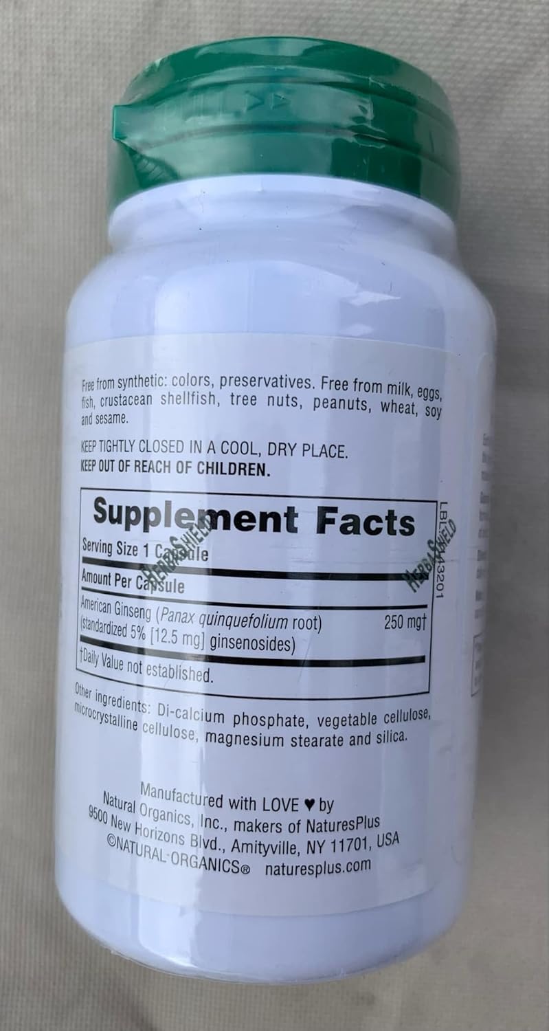 Natures Plus Herbal Actives American Ginseng Capsules - 250mg, 5% Ginsenosides - Vegan & Gluten-Free - 60 Servings - Espot.com.au