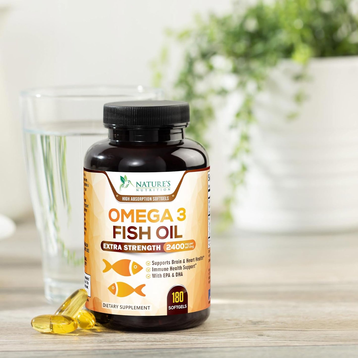 180 Nature's Nutrition Triple Strength Omega-3 Fish Oil Softgels, 2400mg, EPA & DHA for Brain & Heart Health, Omega-3 Supplement - Espot.com.au