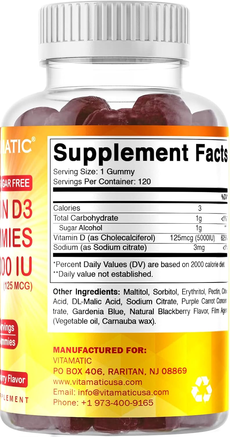 Sugar-Free Vitamin D3 Gummies - 5000 IU - 120 Count - Supports Bone Health, Mood, and Immune System - Non-GMO - Great Taste - 120 Servings - Espot.com.au