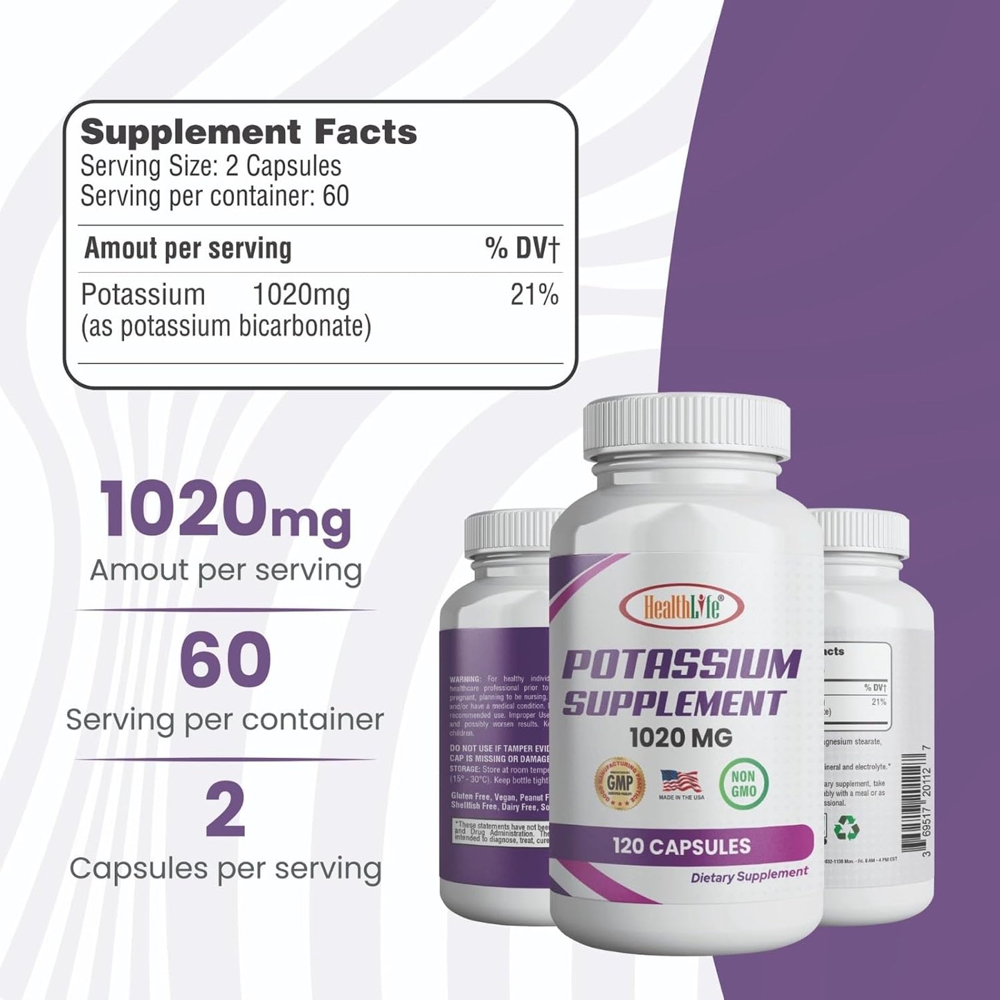 Potassium Bicarbonate Supplement - 1020 mg, 60 Servings, 120 Capsules - Boost Health with HealthLife Potassium - Espot.com.au