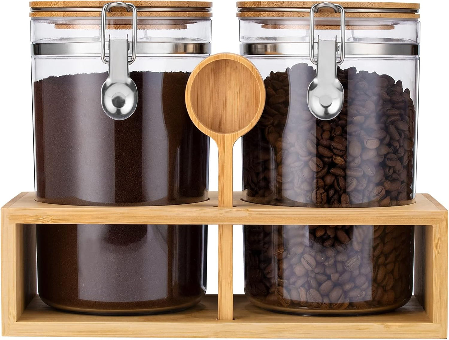 set-of-2-coffee-sugar-canisters-with-shelf---58oz-plastic-containers-for-ground-coffee-bean-storage-includes-lid-locking-clamp-coffee-scoop-ideal-food-storage-jars-for-kitchen-organization-1