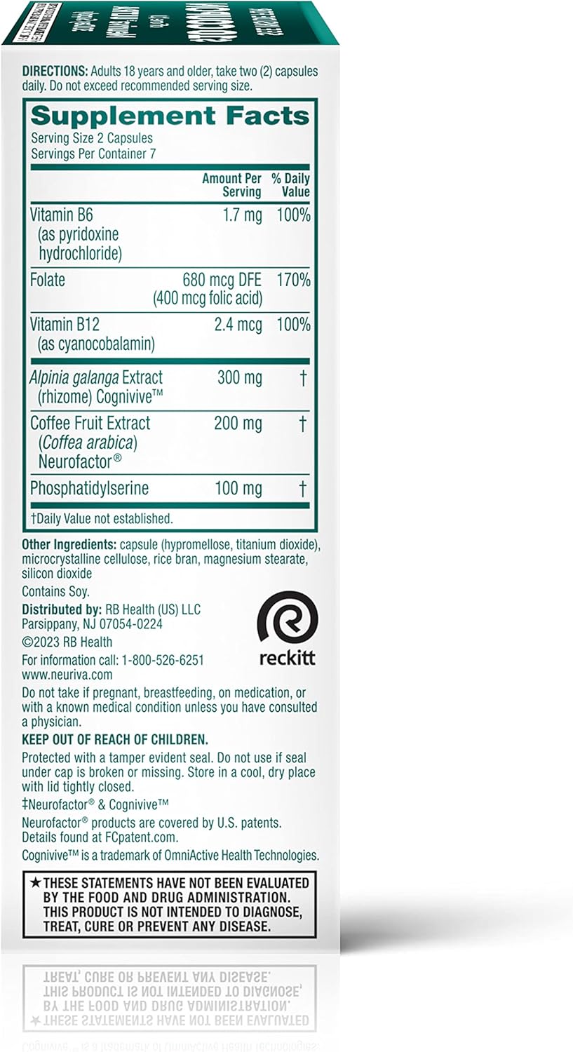 NEURIVA Ultra Decaffeinated Brain Supplement for Mental Alertness, Memory & Focus - Clinically Tested Nootropic with Cognivive, Neurofactor, Phosphatidylserine, Vitamins B6 & B12 - 14ct Capsules - Espot.com.au