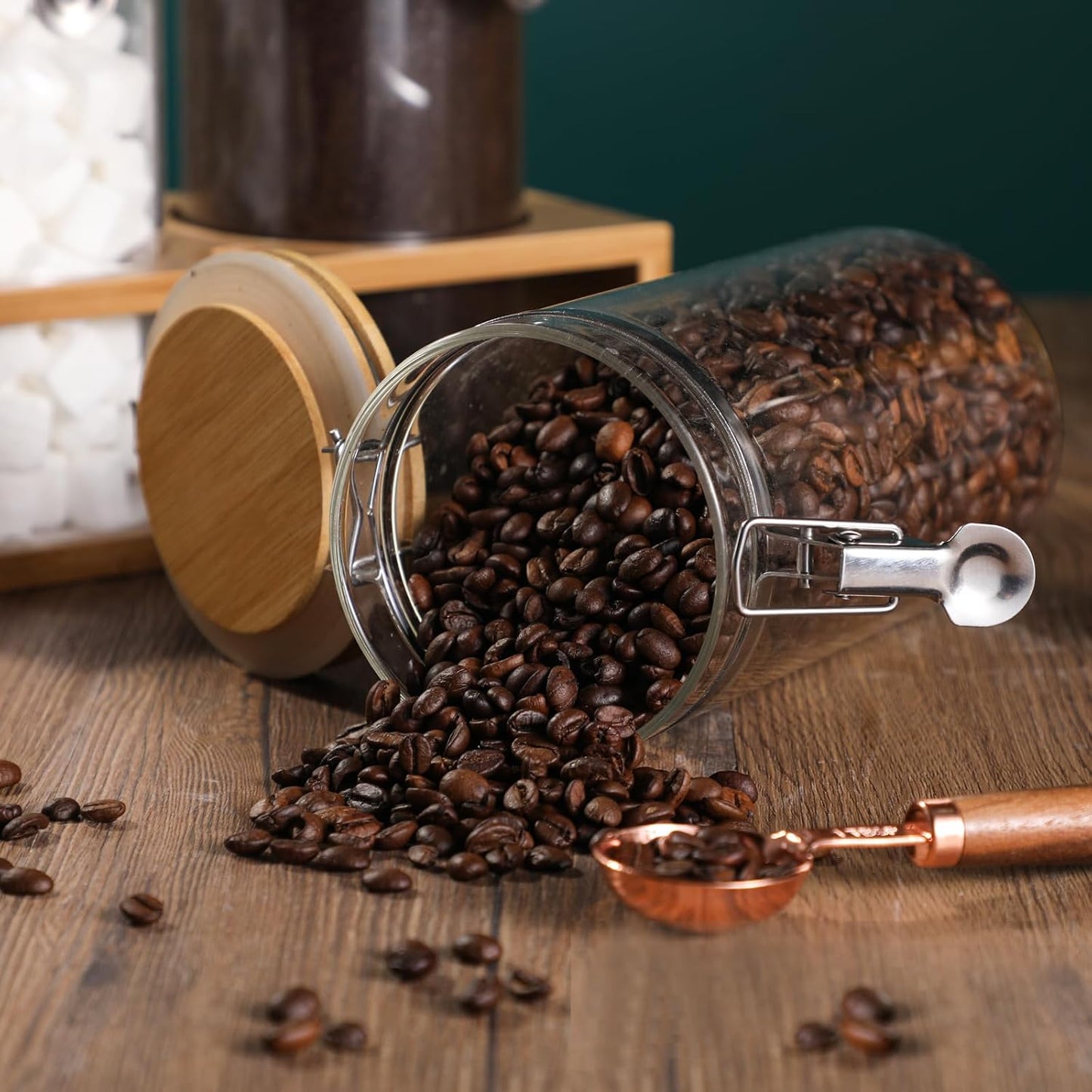 2pcs-49oz-glass-coffee-storage-container-set-with-bamboo-shelf---airtight-sealed-coffee-bean-jars-with-clamp-lid-measuring-spoon---kitchen-pantry-canisters-for-ground-coffee-sugar-tea-flour-3