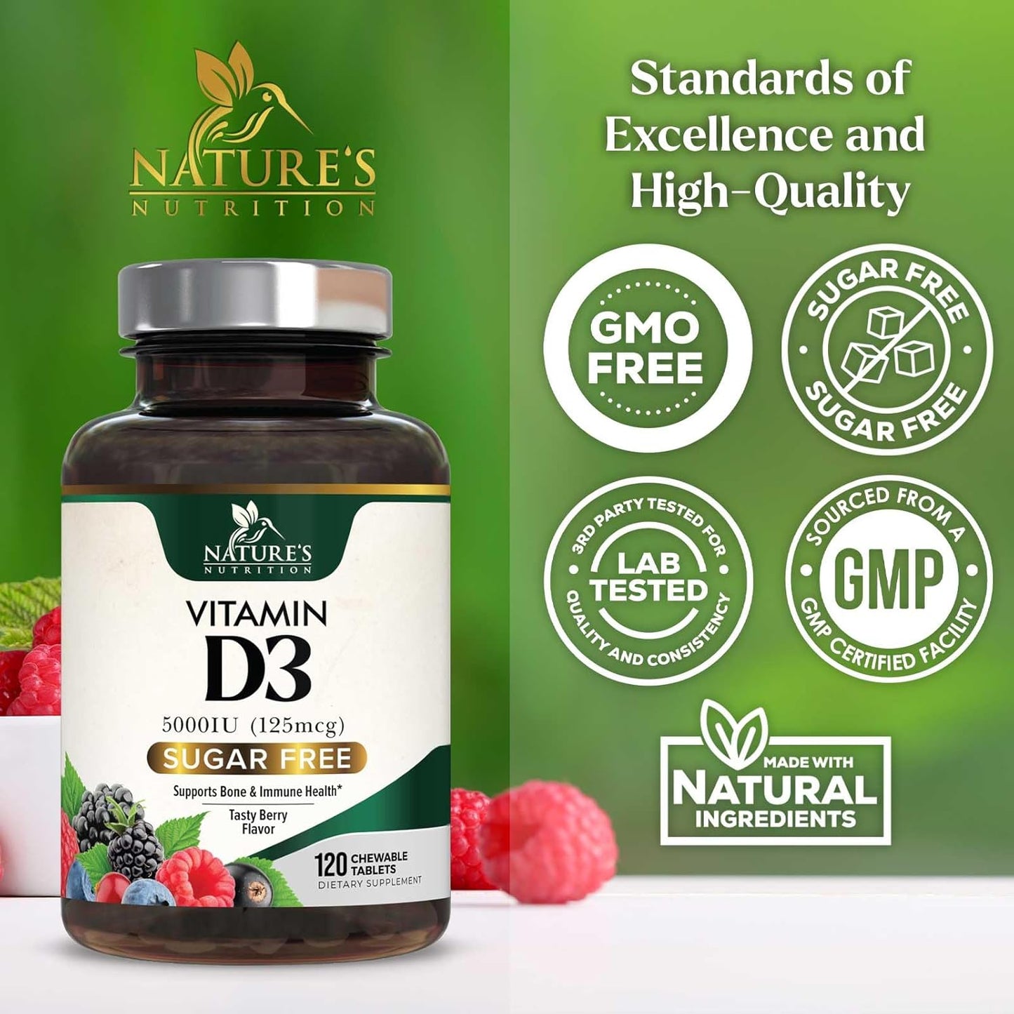 Chewable Vitamin D3 5000 IU Supplements for Bone, Teeth, Muscle & Immune Support - Sugar Free, Non-GMO, Gluten Free - 120 Tablets - Espot.com.au