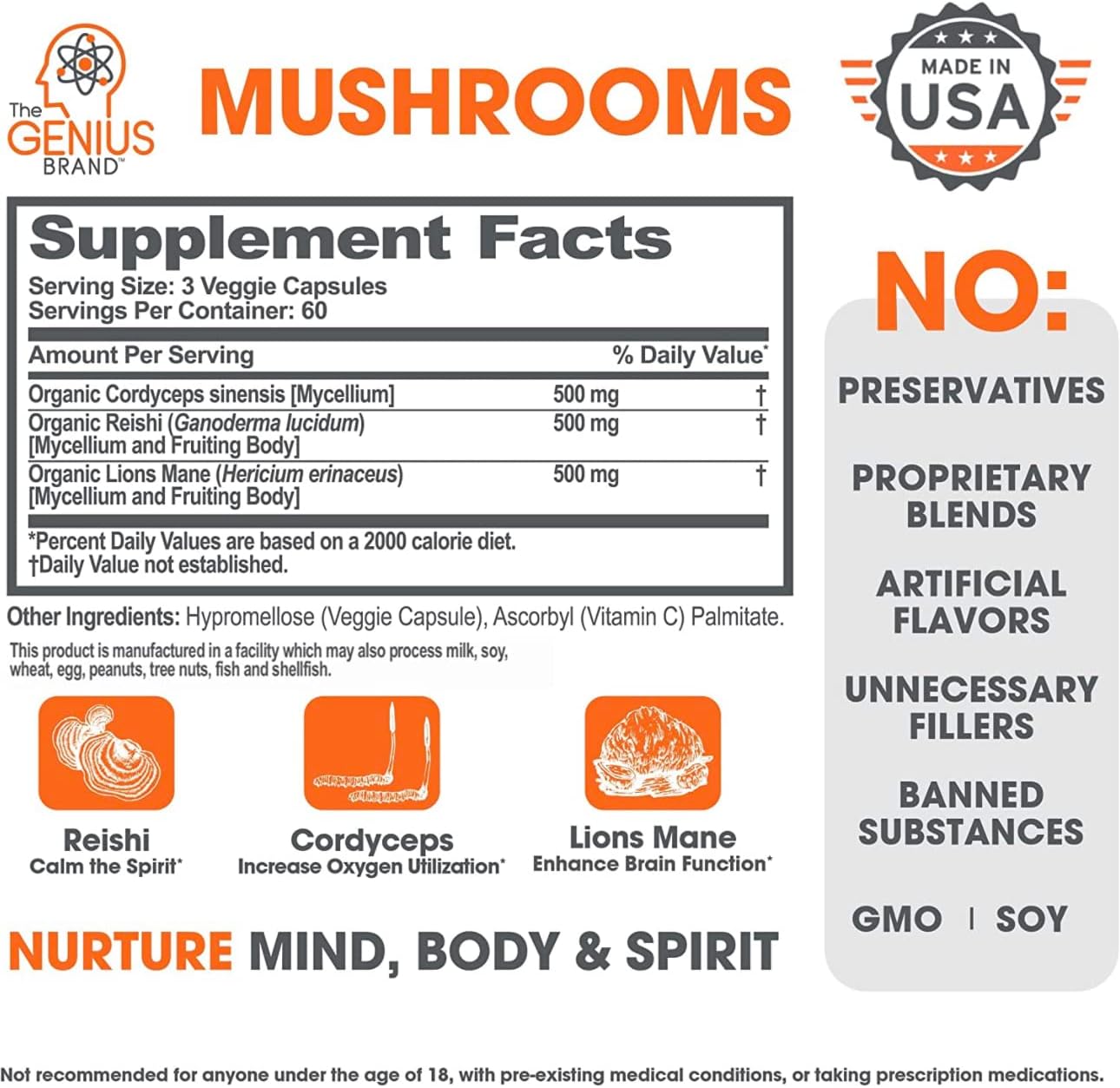 genius-mushroom-supplement---lions-mane-cordyceps-reishi---brain-nootropic-for-energy-focus-wellness-immune-support---180-veggie-pills-2