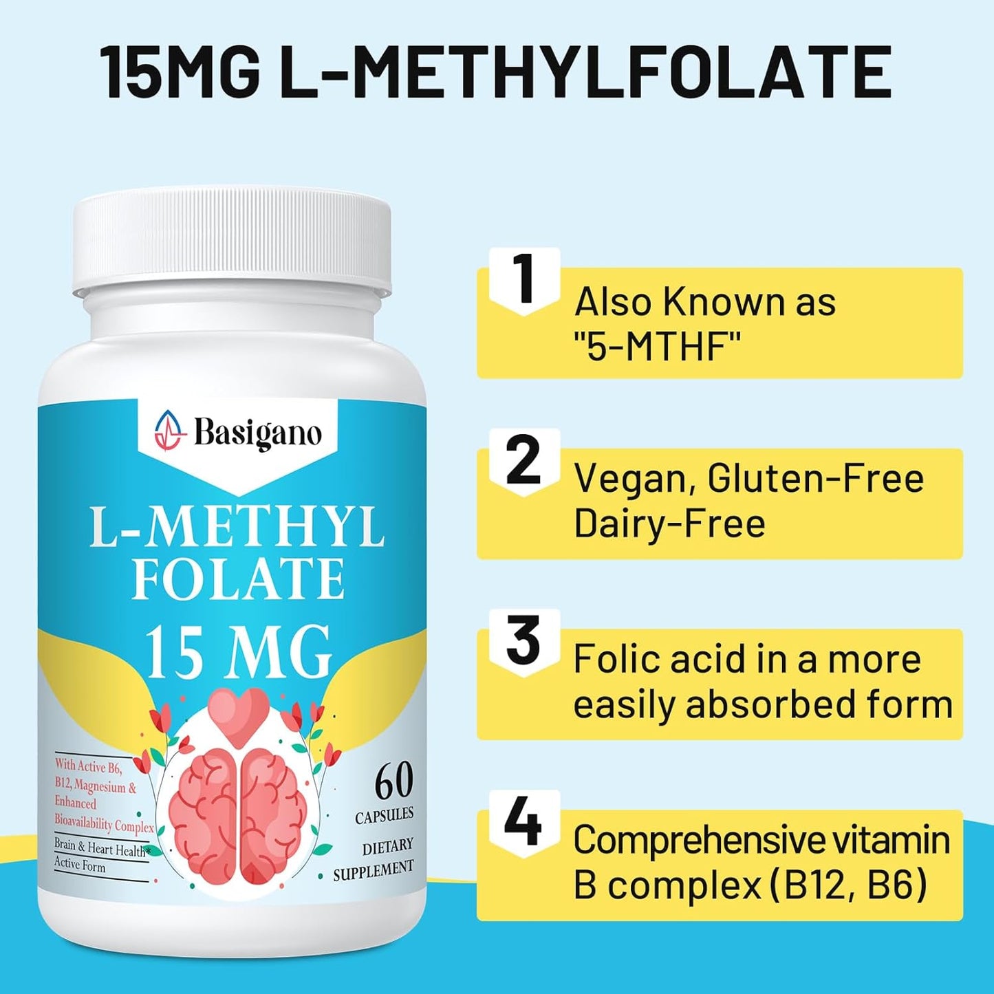 15mg Basigano L Methylfolate with B6 and B12 - Vegan Gluten-Free Dairy-Free - 1 Pack - Espot.com.au