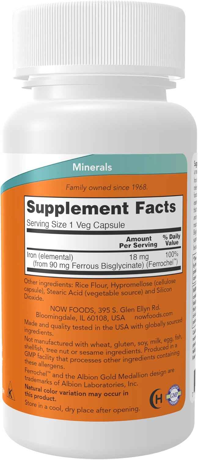NOW Foods Iron 18 mg Supplement - Non-Constipating Veg Capsules - Essential Mineral Source - 120 Count