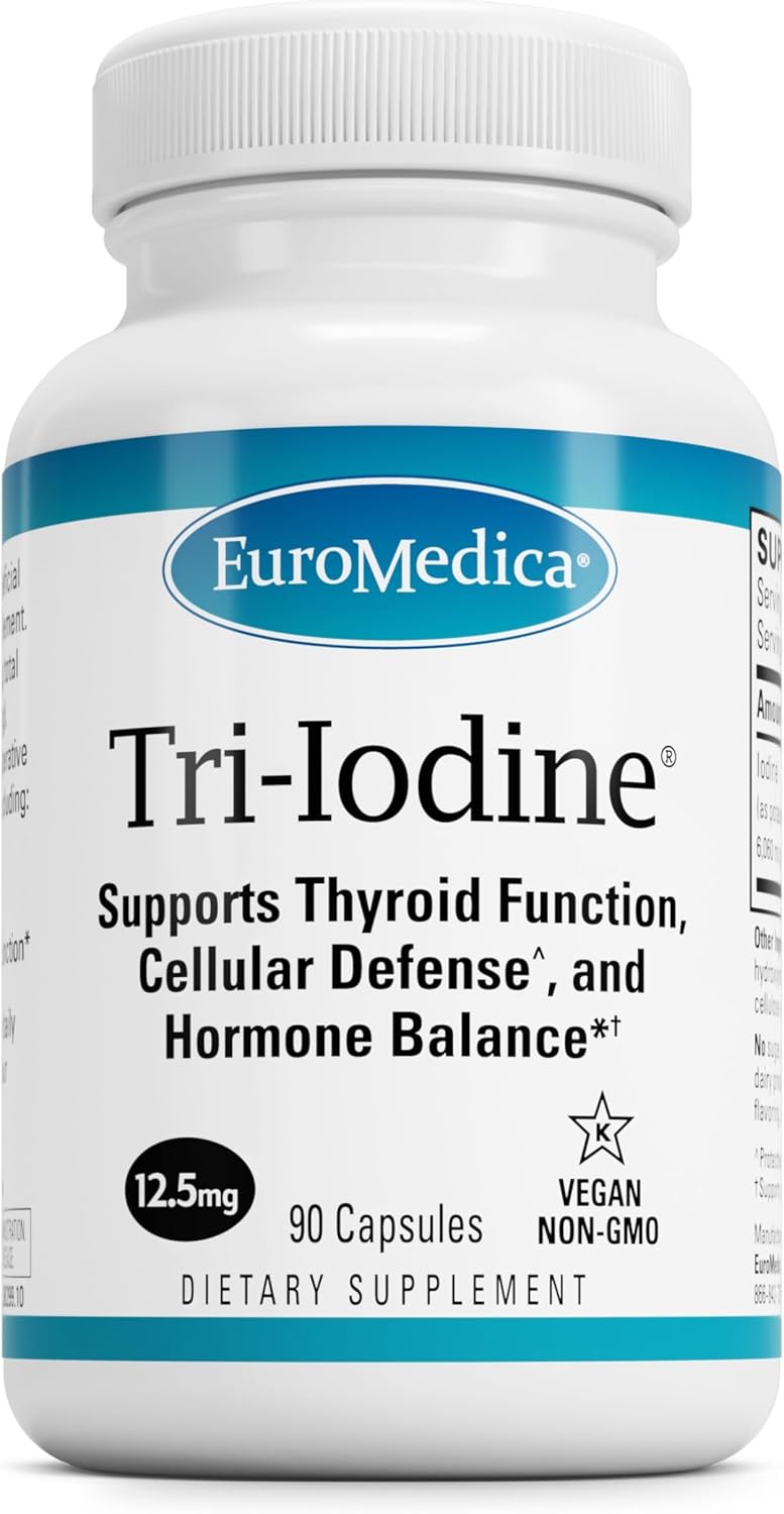EuroMedica Tri-Iodine Capsules - Promotes Thyroid Health and Hormone Balance with Molecular Iodine from Kelp - Includes Potassium Iodide & Sodium Iodide for Brain and Energy Support - 12.5mg, 90 Count - Espot.com.au