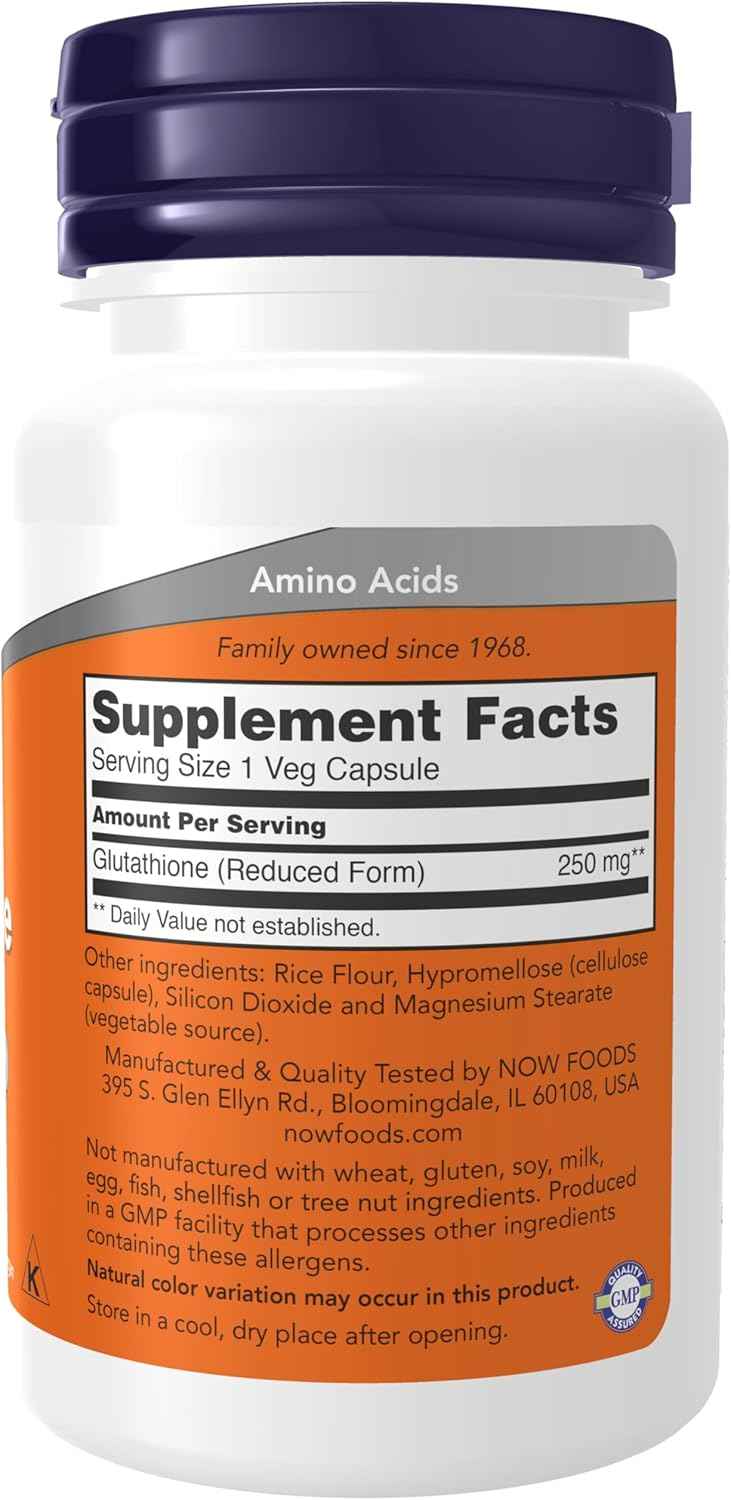 NOW Foods Glutathione 250mg Capsules - Detox & Free Radical Support - 60 Vegetarian Capsules