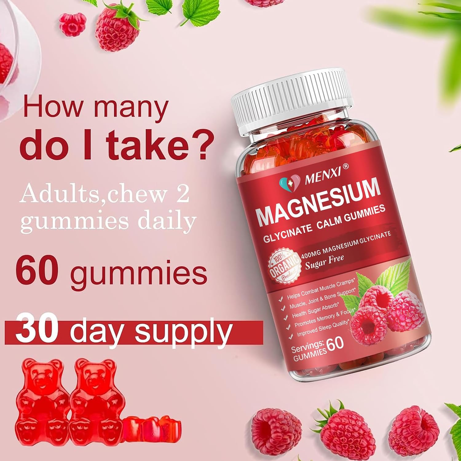 600mg Magnesium Gummies with Magnesium Glycinate & Malate - Sugar Free Potassium Supplement for Mood, Muscle, Bone & Sleep Support - 60 Raspberry Gummies - Espot.com.au