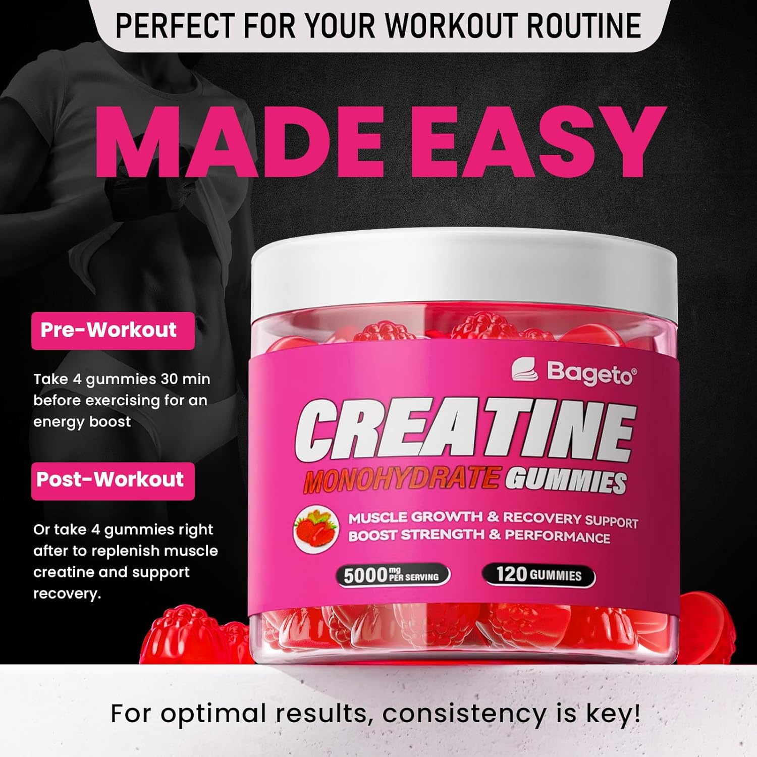 bageto-creatine-gummies-5000mg---men-women---5g-creatine-monohydrate---pre-workout-muscle-strength---vegan---120-count---strawberry-flavor-5