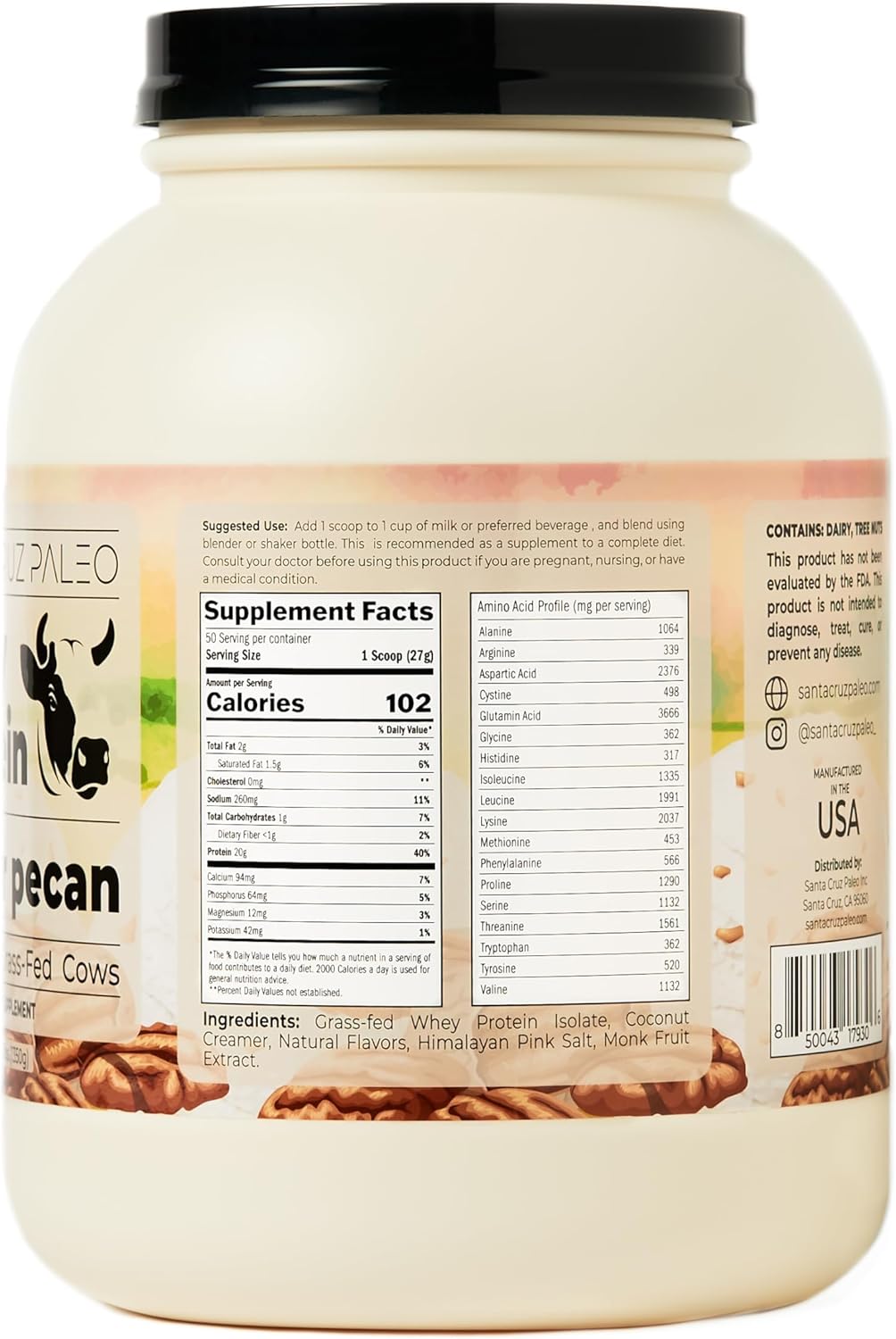 santa-cruz-butter-pecan-paleo-whey-protein-powder---20g-grass-fed-isolate---gluten-free-keto-sugar-free---natural-post-workout-support---50-servings-32-lb-tub-4