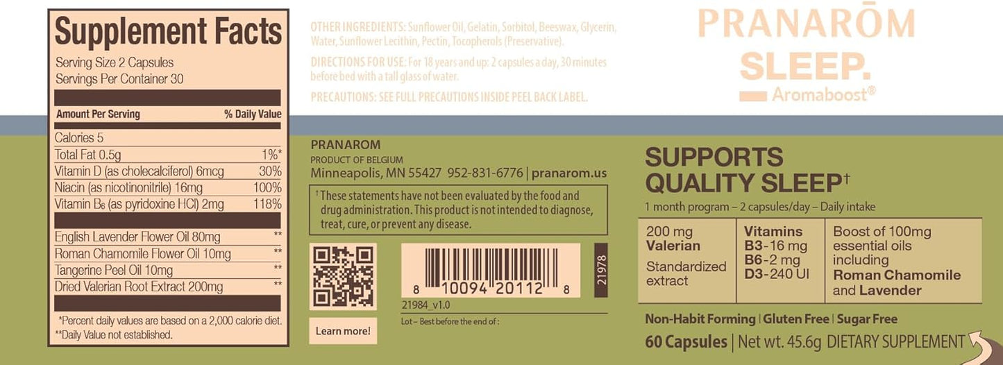 Pranarom Aromaboost Sleep Supplement - Valerian Extract, Vitamins B3, B6 & D3, Essential Oils - 60 Count - Quality Sleep Support - Espot.com.au