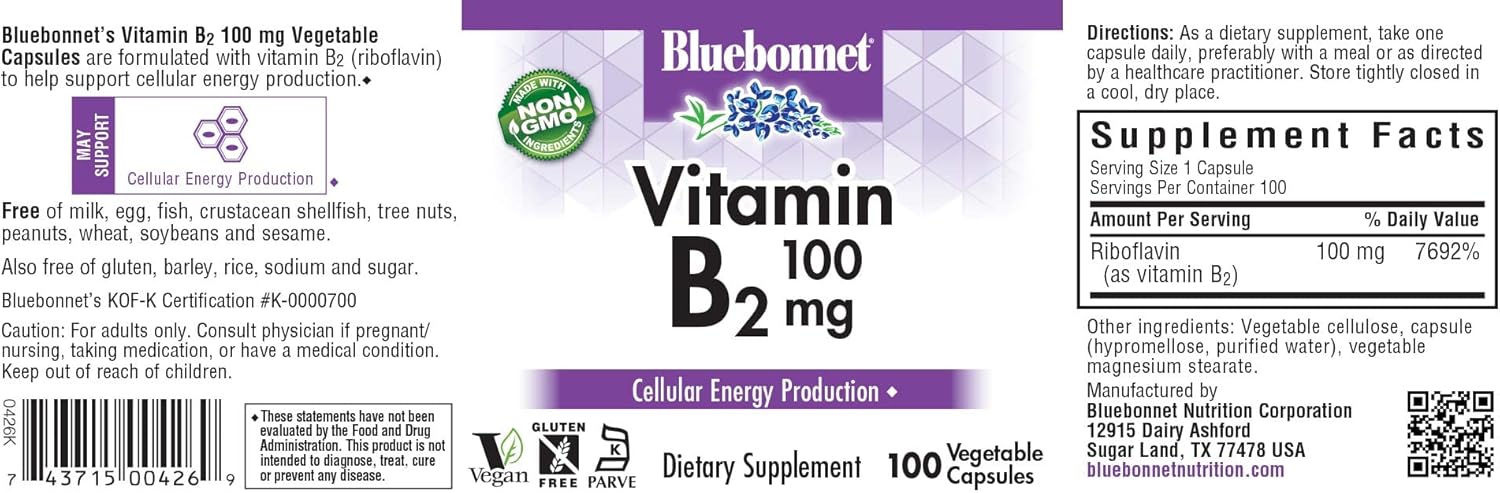 Bluebonnet Nutrition Vitamin B2 100 mg Capsules - Cardiovascular & Nervous System Support - Soy-Free, Gluten-Free, Kosher, Dairy-Free, Vegan - Non-GMO - 100 ct. - Espot.com.au