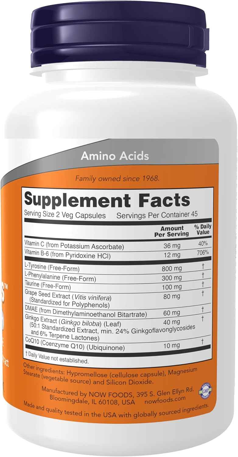 NOW Foods True Focus™ Supplement with Amino Acids, Ginkgo, DMAE, CoQ10, Grape Seed Extract - 90 Veg Capsules