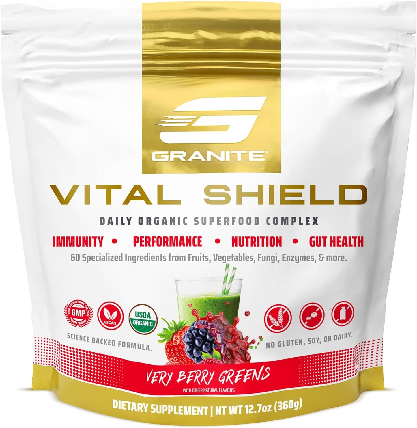 Granite Supplements Vital Shield Very Berry Greens Superfood Powder - Supports Performance, Gut Health, Immunity, & Nutrition - 30 Servings - Espot.com.au