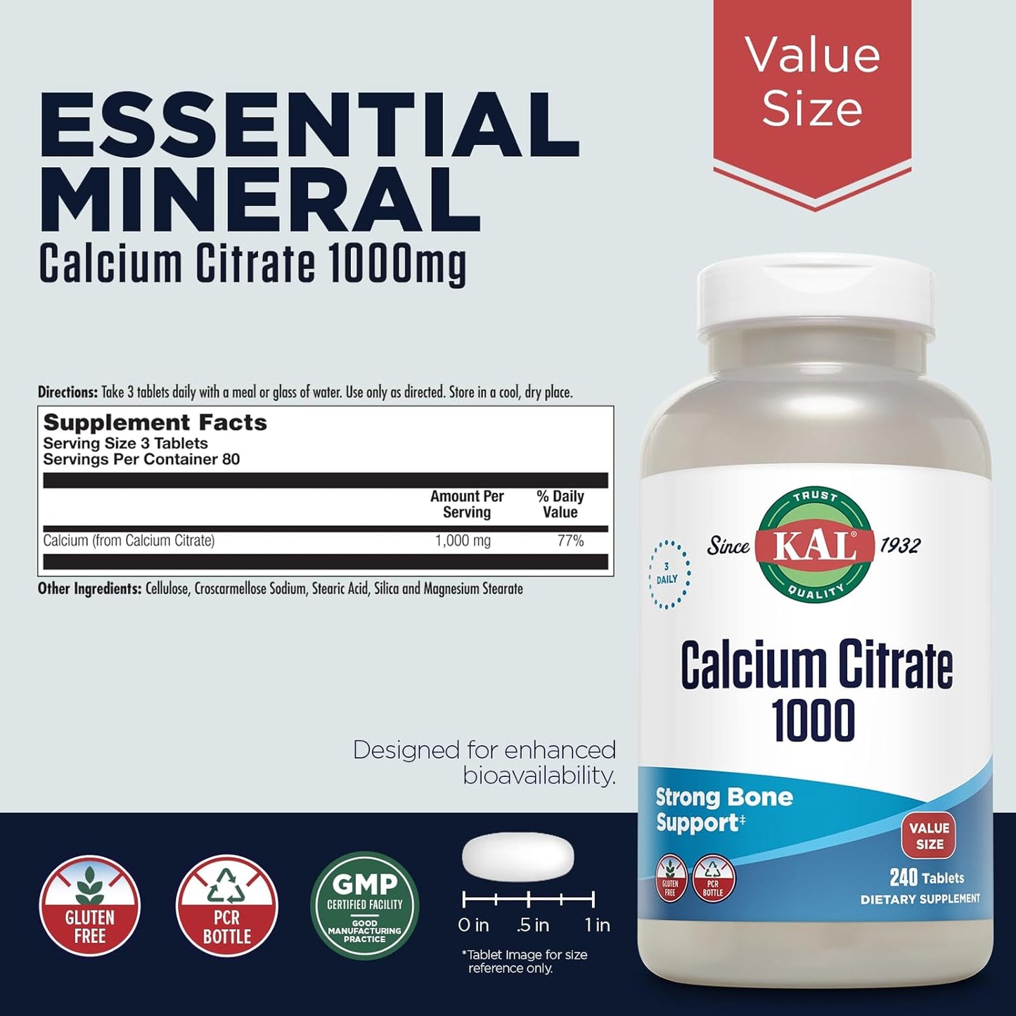 High-Potency KAL Calcium Citrate 1000mg Tablets - Bone & Teeth Health Support for Women & Men - Gluten Free, Lab Verified - 80 Servings - Espot.com.au