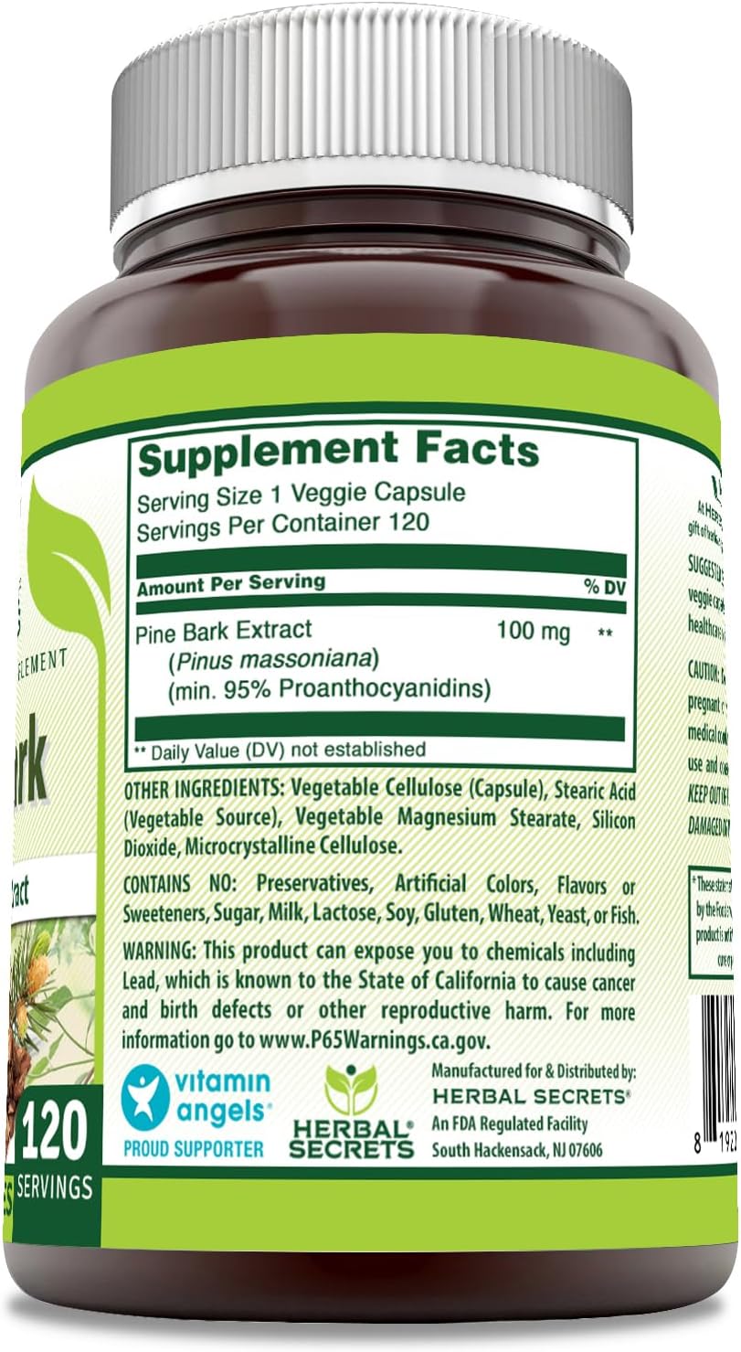 Pine Bark Extract Supplement 100mg - 120 Veggie Capsules - Non-GMO & Gluten-Free - Herbal Secrets - Made in USA - Espot.com.au