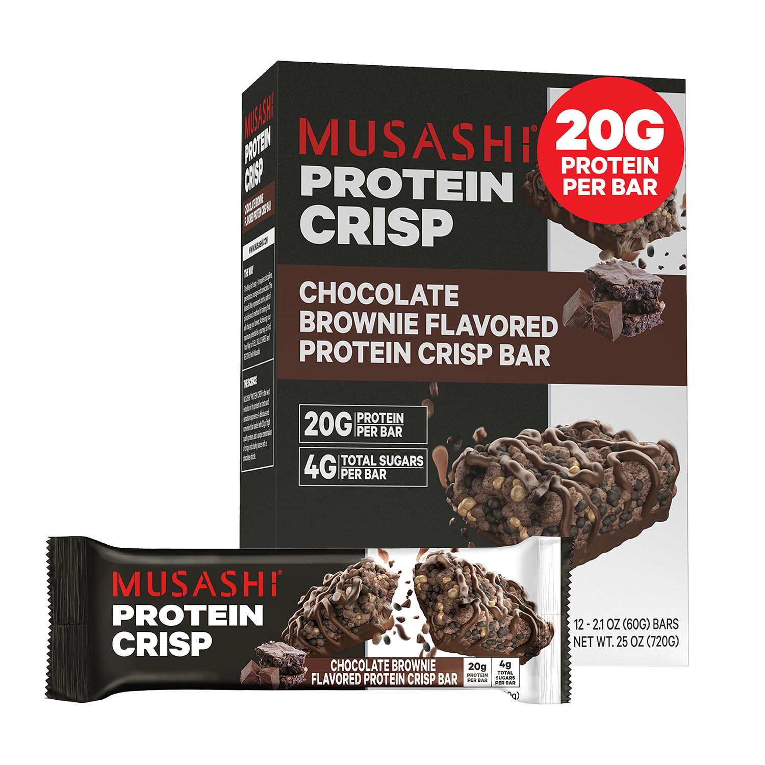 Musashi Chocolate Brownie Protein Crisp Bar - 20g Protein, 4g Sugars - Post-Workout Snack, 12-Pack 2.1oz Bars - Protein Snack On The Go - Espot.com.au