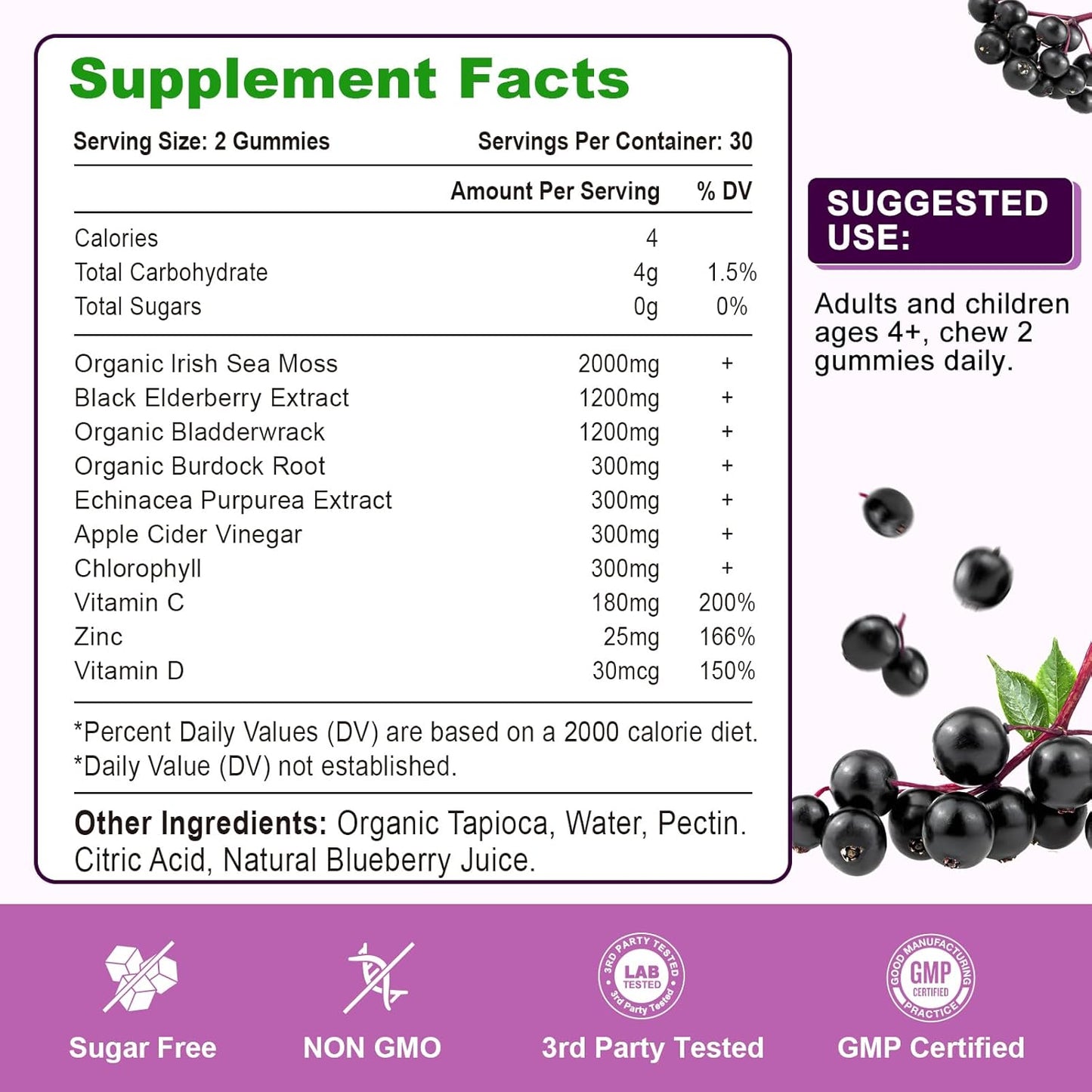 Blueberry Elderberry Gummies with Sea Moss, Bladderwrack, Echinacea, Apple Cider Vinegar - Vitamin C, D & Zinc Immune Support Supplement for Women, Men, Adults and Kids - 60 Ct - Espot.com.au