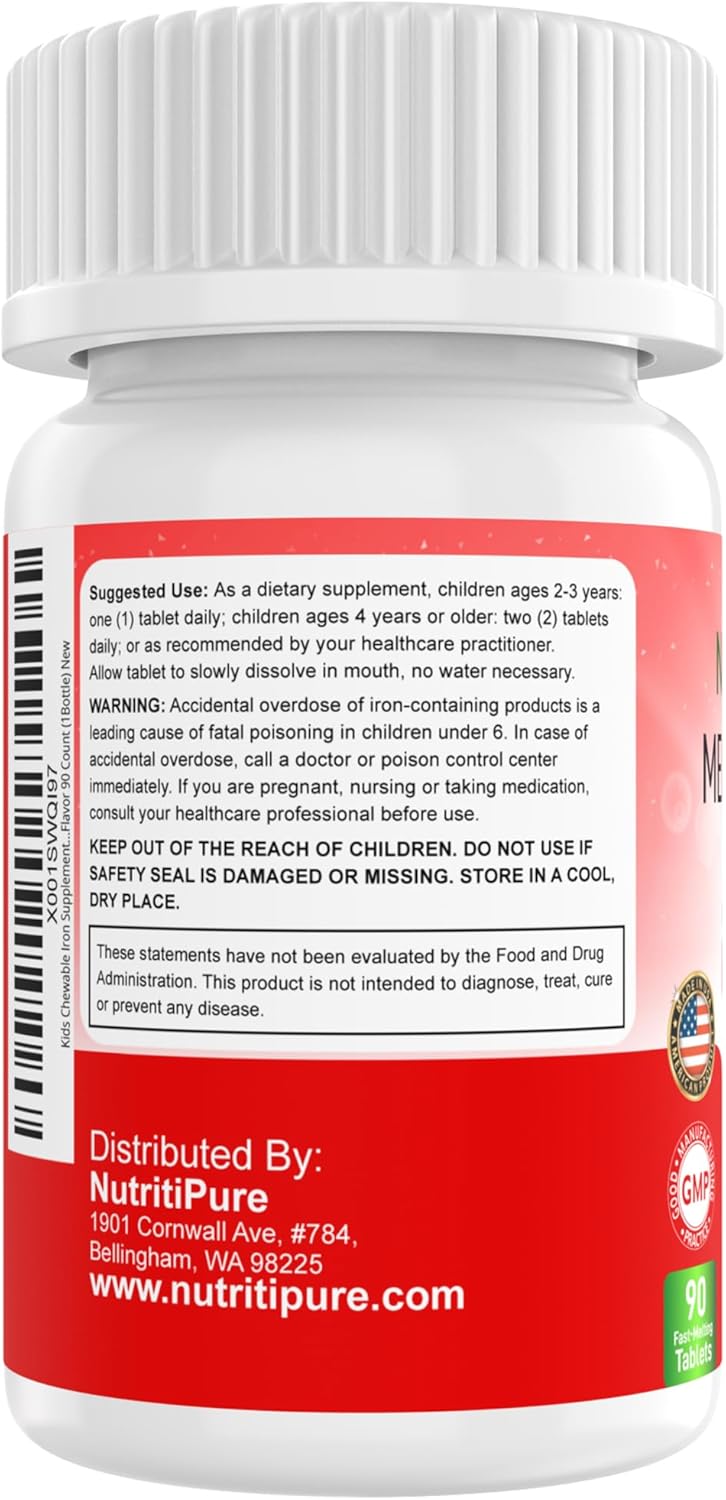 NutritiPure Kids Chewable Iron Supplements with Vitamin C - 90 Tablets, Tangerine Tango Orange Flavor, 9mg Ferronyl/Carbonyl Iron - Pediatric Iron Supplement - Espot.com.au