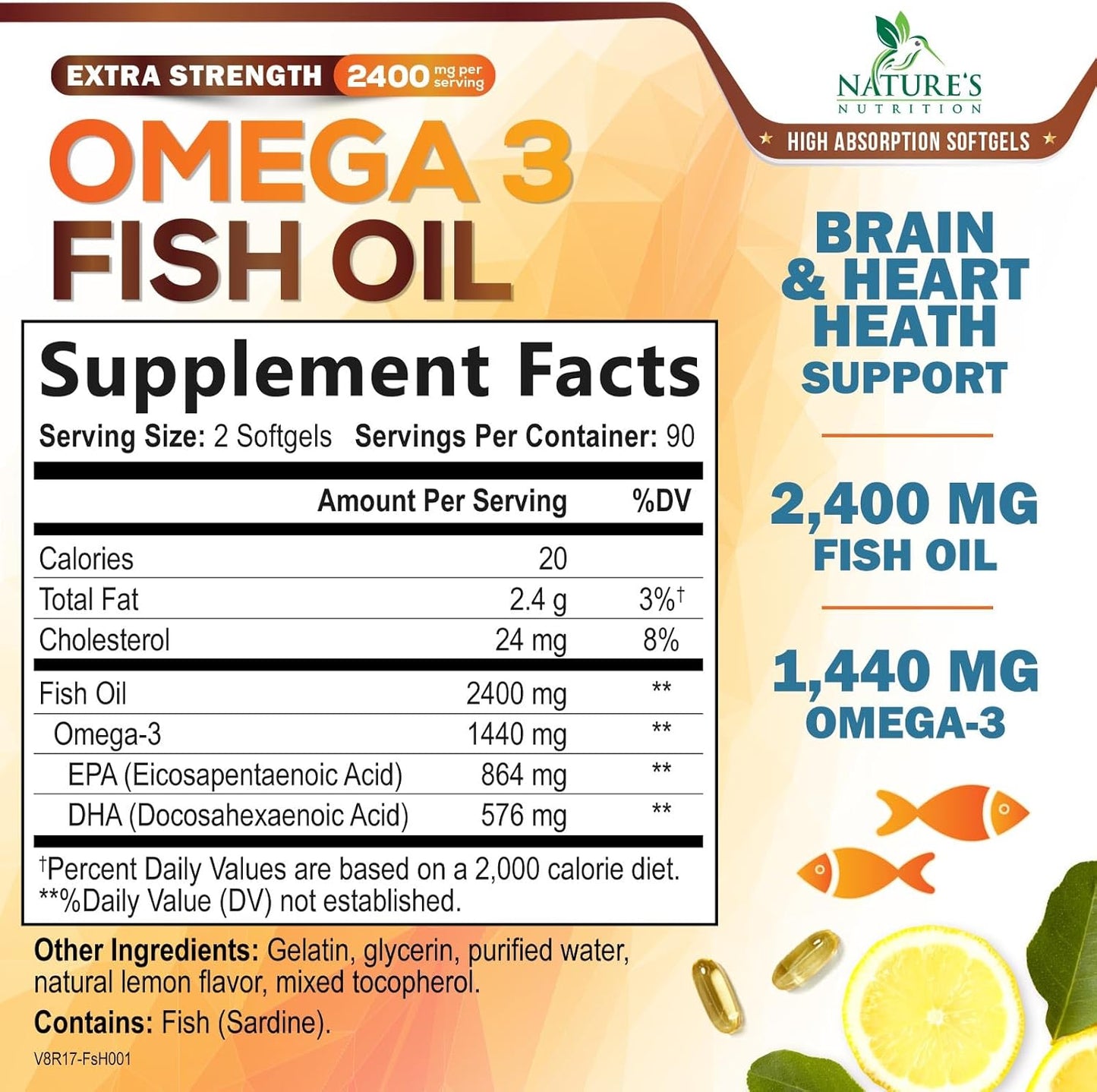 180 Nature's Nutrition Triple Strength Omega-3 Fish Oil Softgels, 2400mg, EPA & DHA for Brain & Heart Health, Omega-3 Supplement - Espot.com.au