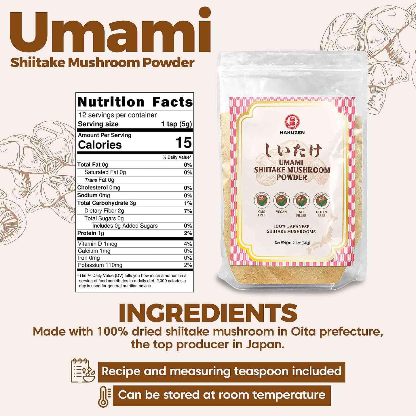 Organic Japanese Shiitake Mushroom Powder - Umami Seasoning for Cooking, 2.1 Oz (60g), Gluten-Free & Vegan - No Additives - Ideal for Soups - Espot.com.au