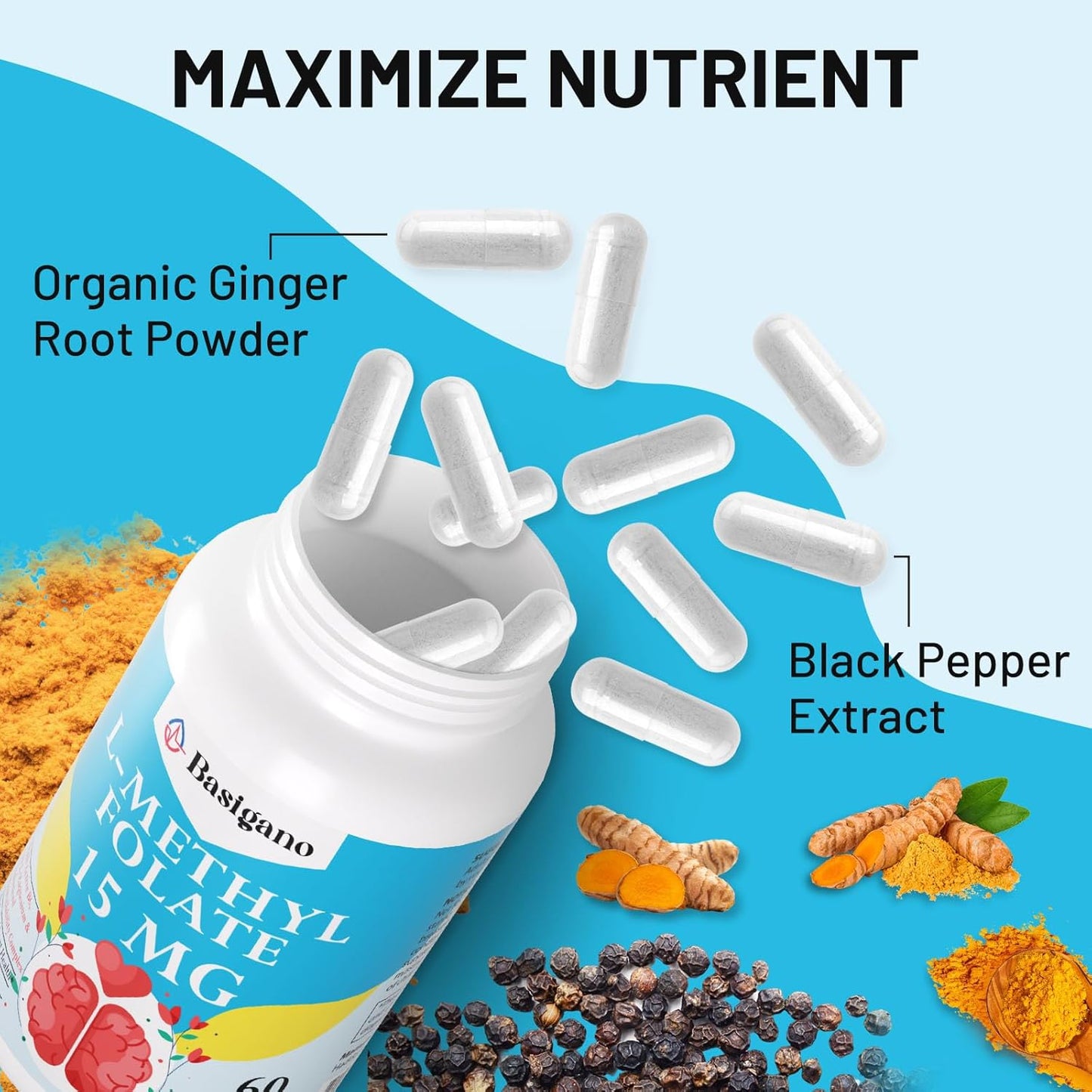 15mg Basigano L Methylfolate with B6 and B12 - Vegan Gluten-Free Dairy-Free - 1 Pack - Espot.com.au