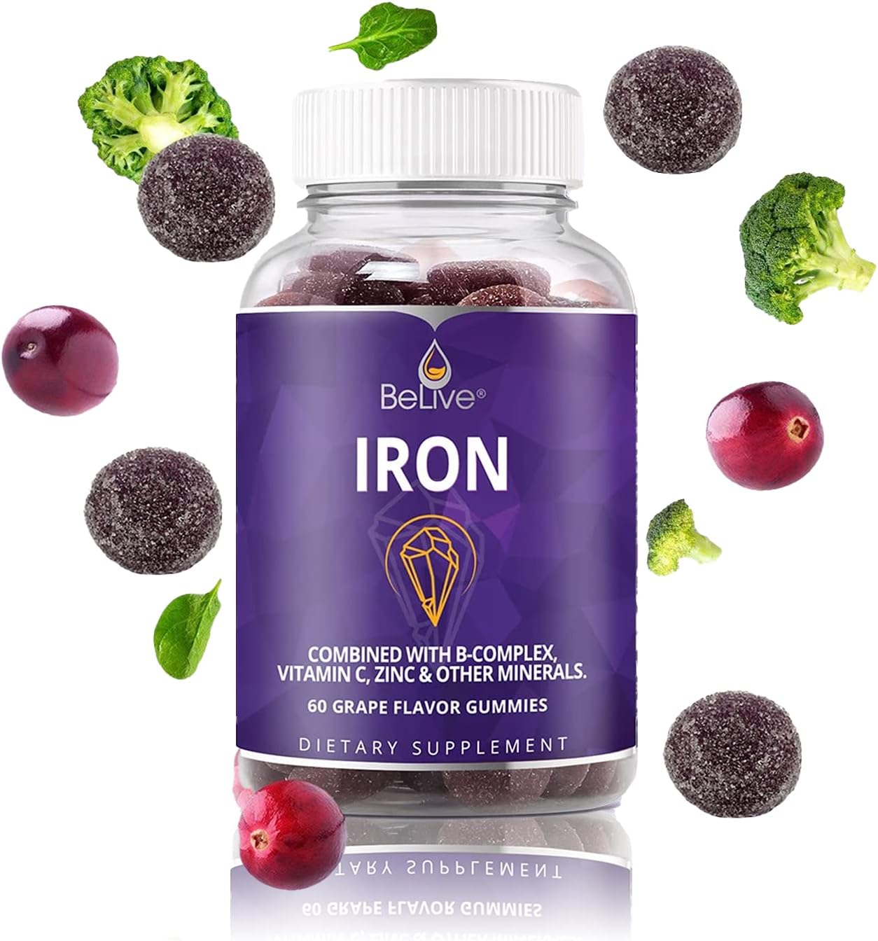 Iron Gummies with Multivitamins & Zinc - Grape Flavored Vegan Supplement for Blood Oxygen Support - Ideal for Women, Men & Kids of All Ages - Espot.com.au