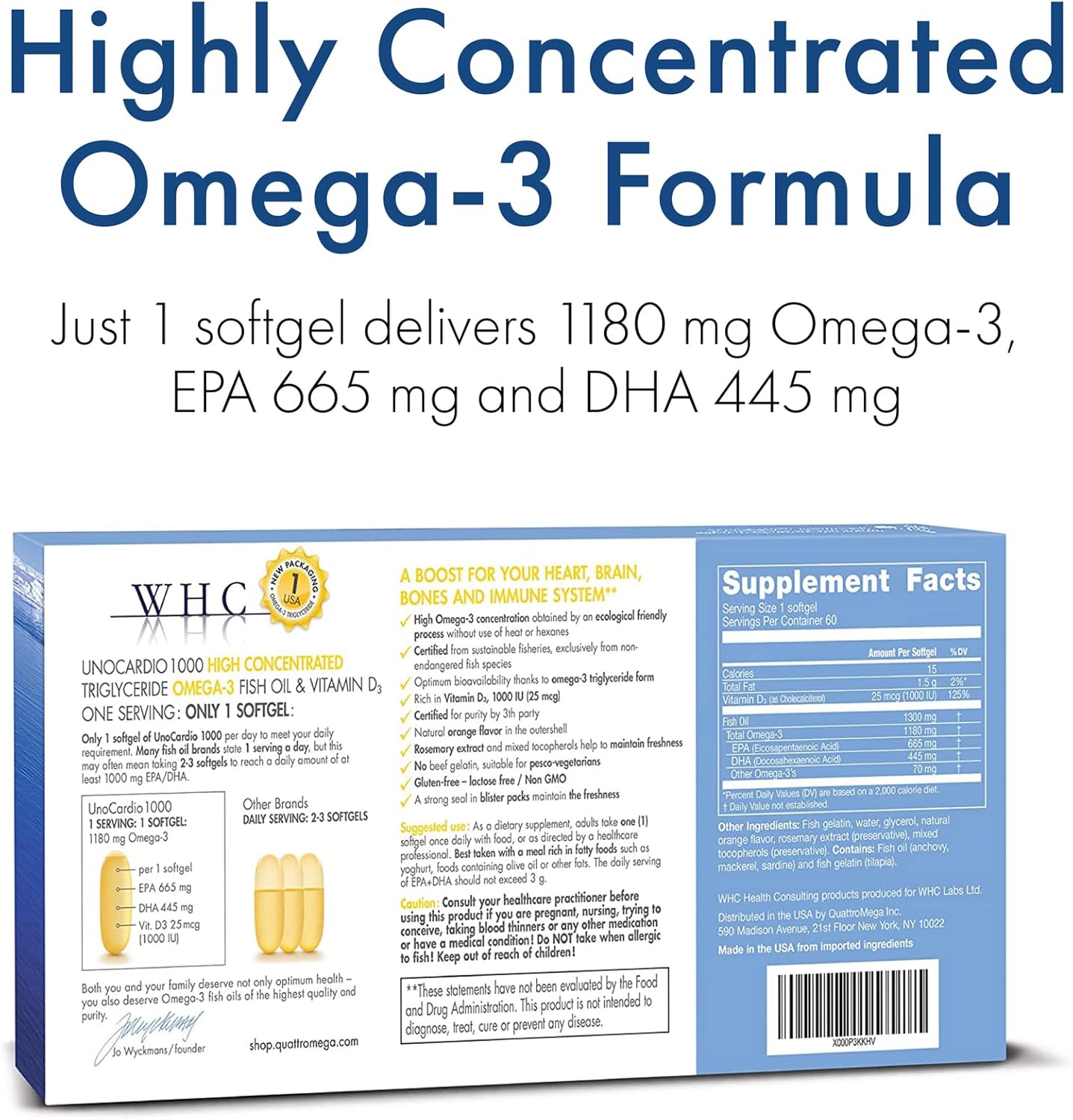 UnoCardio 1000 Fish Oil Softgels - High Potency Omega-3 Supplement with Vitamin D3, 60 Count - Espot.com.au