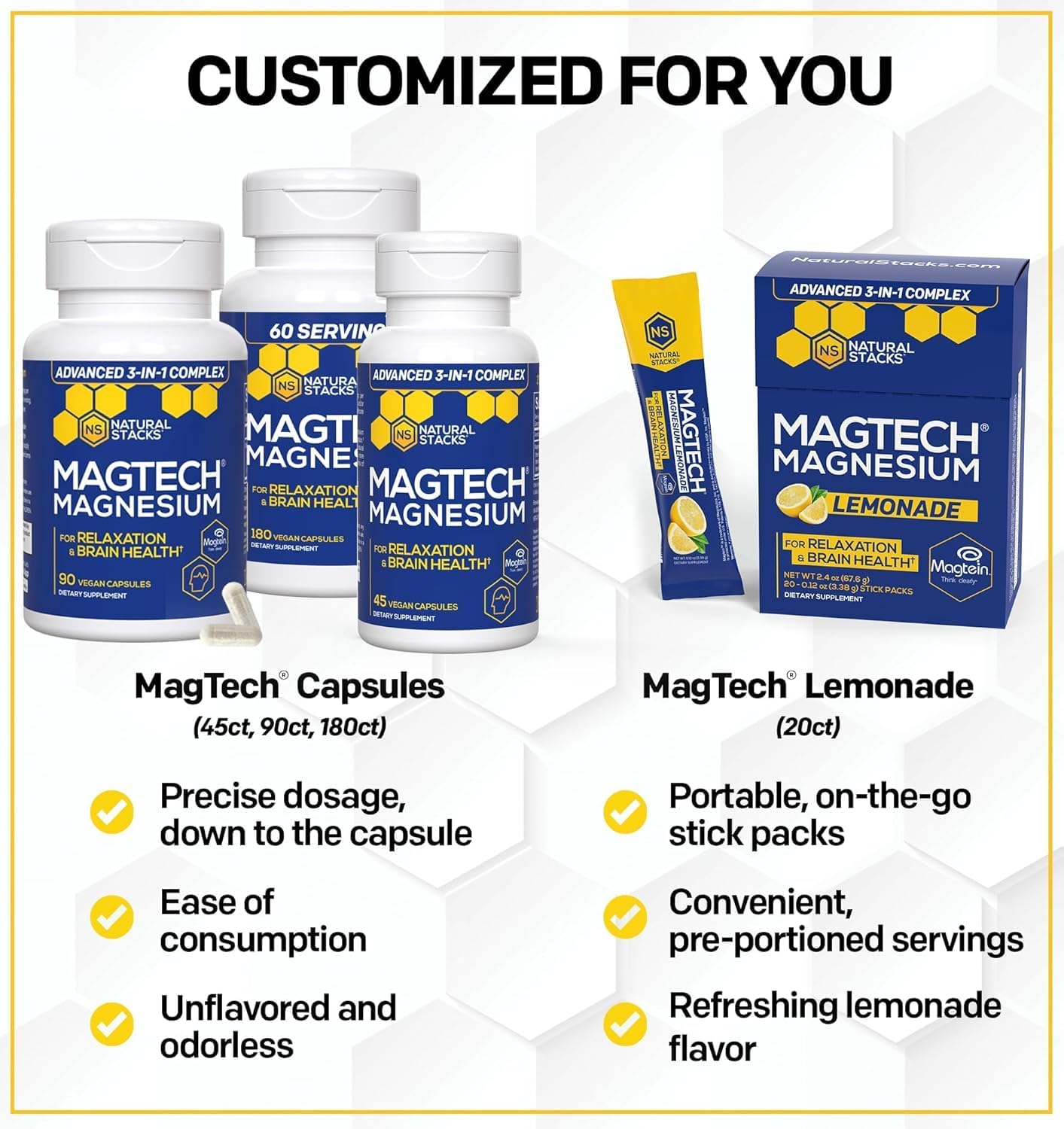 Bundle: Natural Stacks Magtech Magnesium + Zen Magnesium Gummies - 4 Forms - Relaxation & Brain Health - 120 Pieces - Espot.com.au