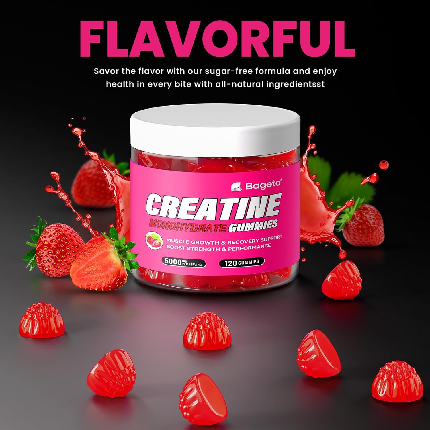 bageto-creatine-gummies-5000mg---men-women---5g-creatine-monohydrate---pre-workout-muscle-strength---vegan---120-count---strawberry-flavor-2