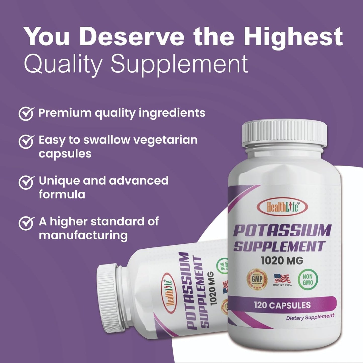 Potassium Bicarbonate Supplement - 1020 mg, 60 Servings, 120 Capsules - Boost Health with HealthLife Potassium - Espot.com.au