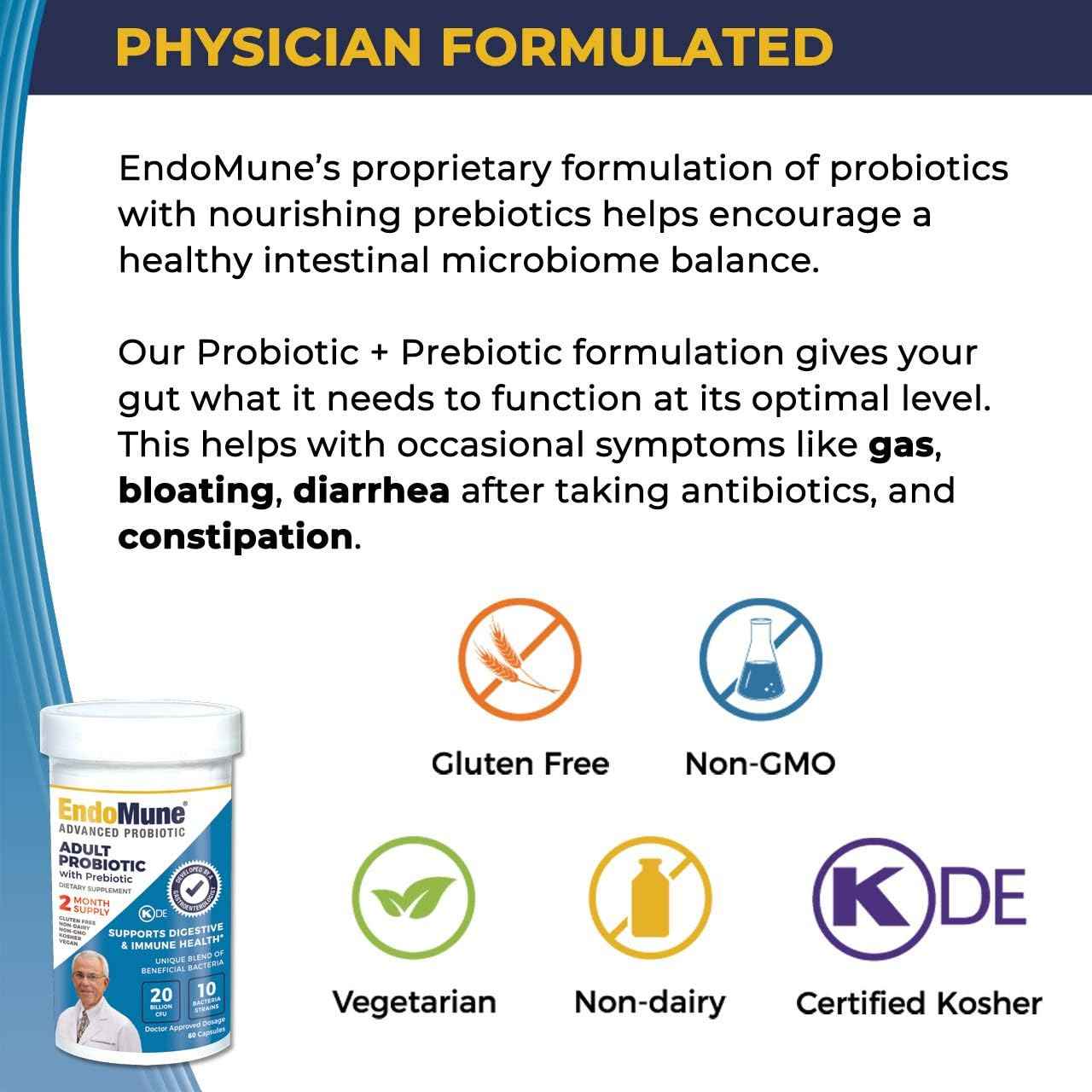 Physician Formulated Endomune Advanced Adult Probiotic with Prebiotic | 10 Strains, 30 Billion CFU | 60-Count Bottle