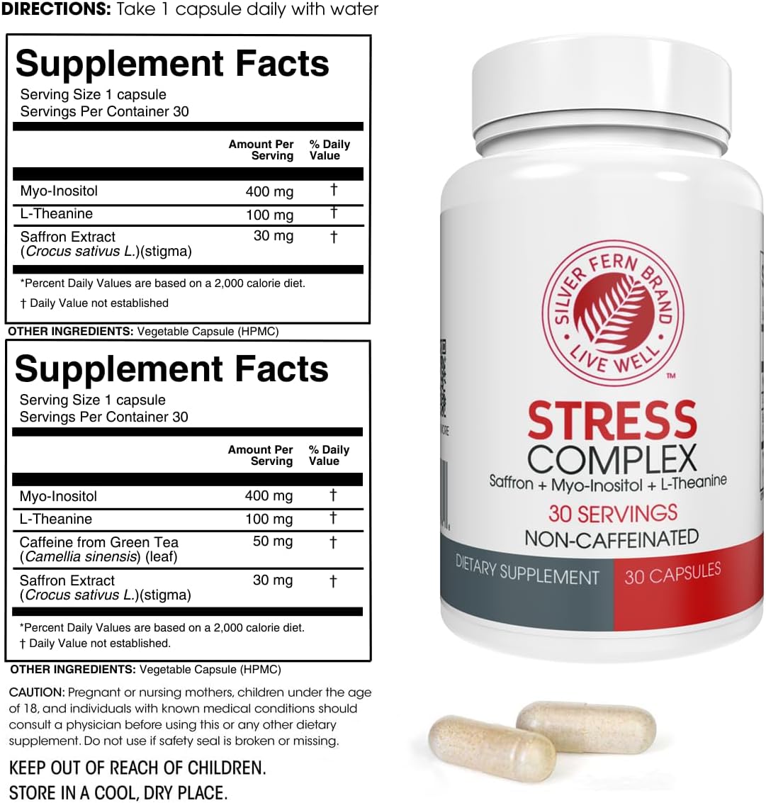 Natural Stress Relief Supplement Pack - Non-Caffeinated with Saffron, L-Theanine, & Myo-Inositol - Promotes Better Sleep, Mood, and Anxiety Relief - Silver Fern Stress Complex Supplement (2 Pack) - Espot.com.au