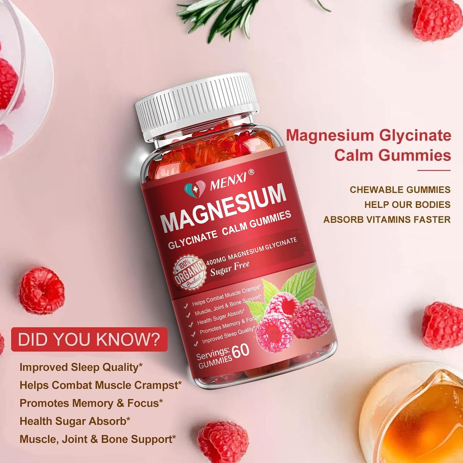 600mg Magnesium Gummies with Magnesium Glycinate & Malate - Sugar Free Potassium Supplement for Mood, Muscle, Bone & Sleep Support - 60 Raspberry Gummies - Espot.com.au