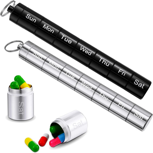 stackable-metal-pill-case-2-pack---weekly-pill-organizer-for-travel---7-day-small-pill-container---metal-pill-holder-in-black-and-silver-1