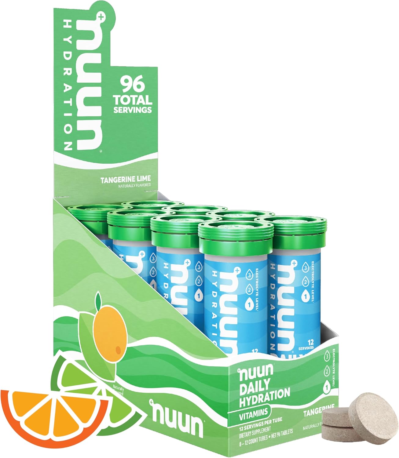 Nuun Tangerine Lime Hydration Tablets - 5 Electrolytes + Vitamins A, B6, C, D, E - Magnesium, Vegan, Non-GMO - 8 Pack (96 Servings) - Espot.com.au