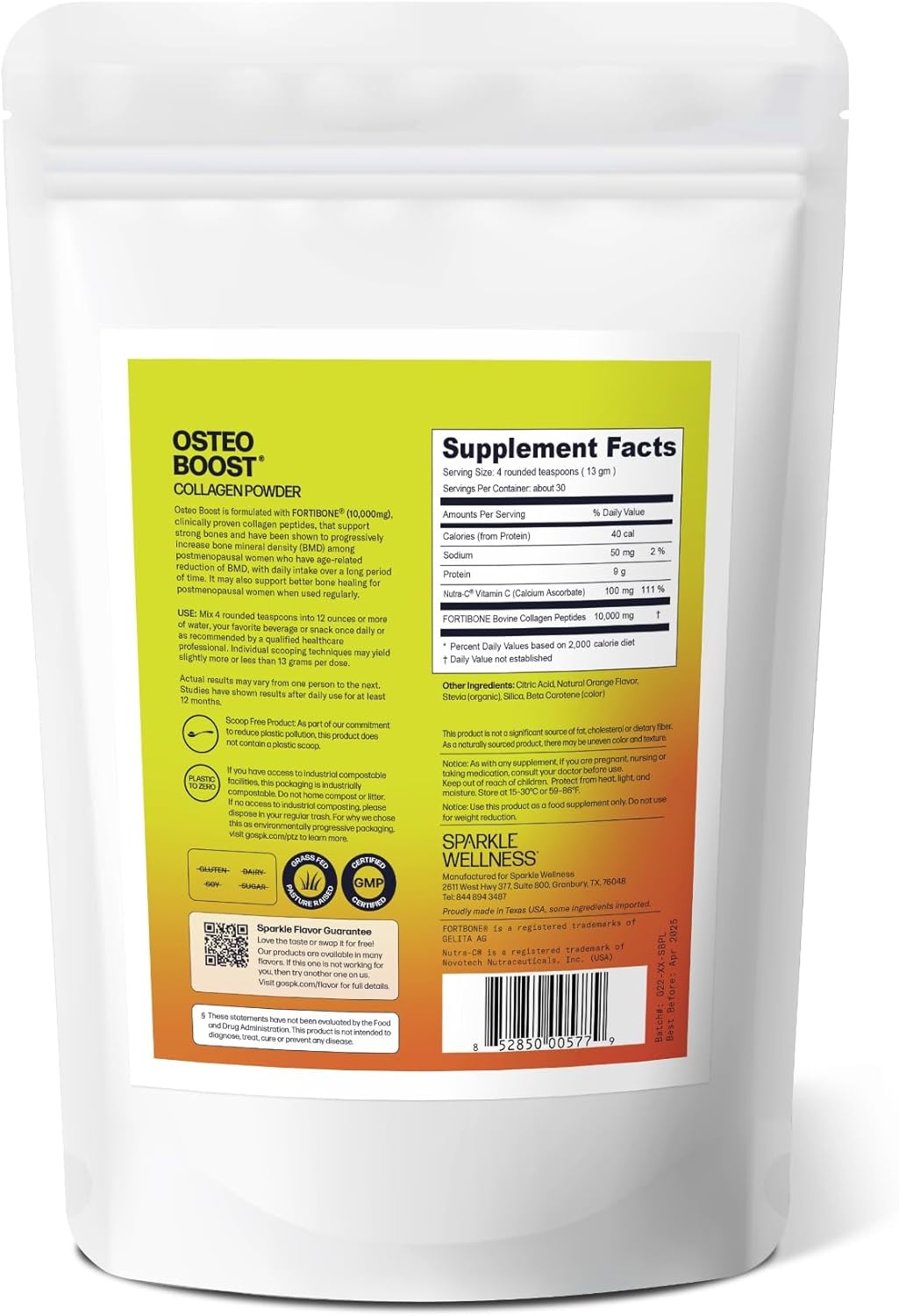 NutraC Osteo Boost Collagen Powder Supplement with Buffered Vitamin C | FORTIBONE Bioactive Collagen Peptides | Orange Flavor | 30 Servings - Espot.com.au