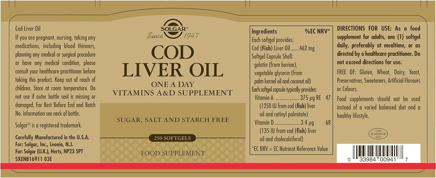 solgar-cod-liver-oil-softgels---immune-system-vision-support---vitamin-a-d-supplement---gluten-dairy-free---250-servings-2