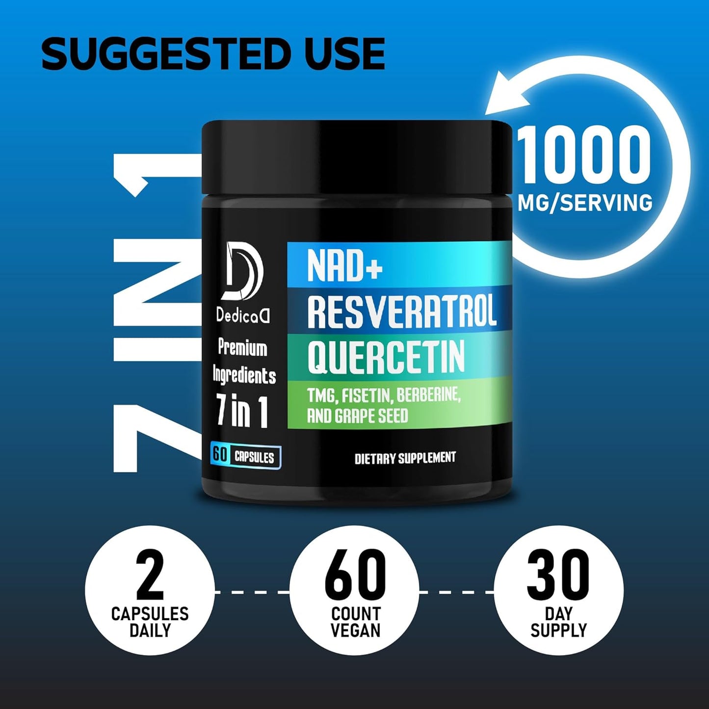 1000mg DEDICAD NAD+ Supplement with Resveratrol, Quercetin, Berberine, Fisetin, TMG, Grape Seed - Energy, DNA Repair, Aging Defense, Brain Function - 60 Capsules - Espot.com.au