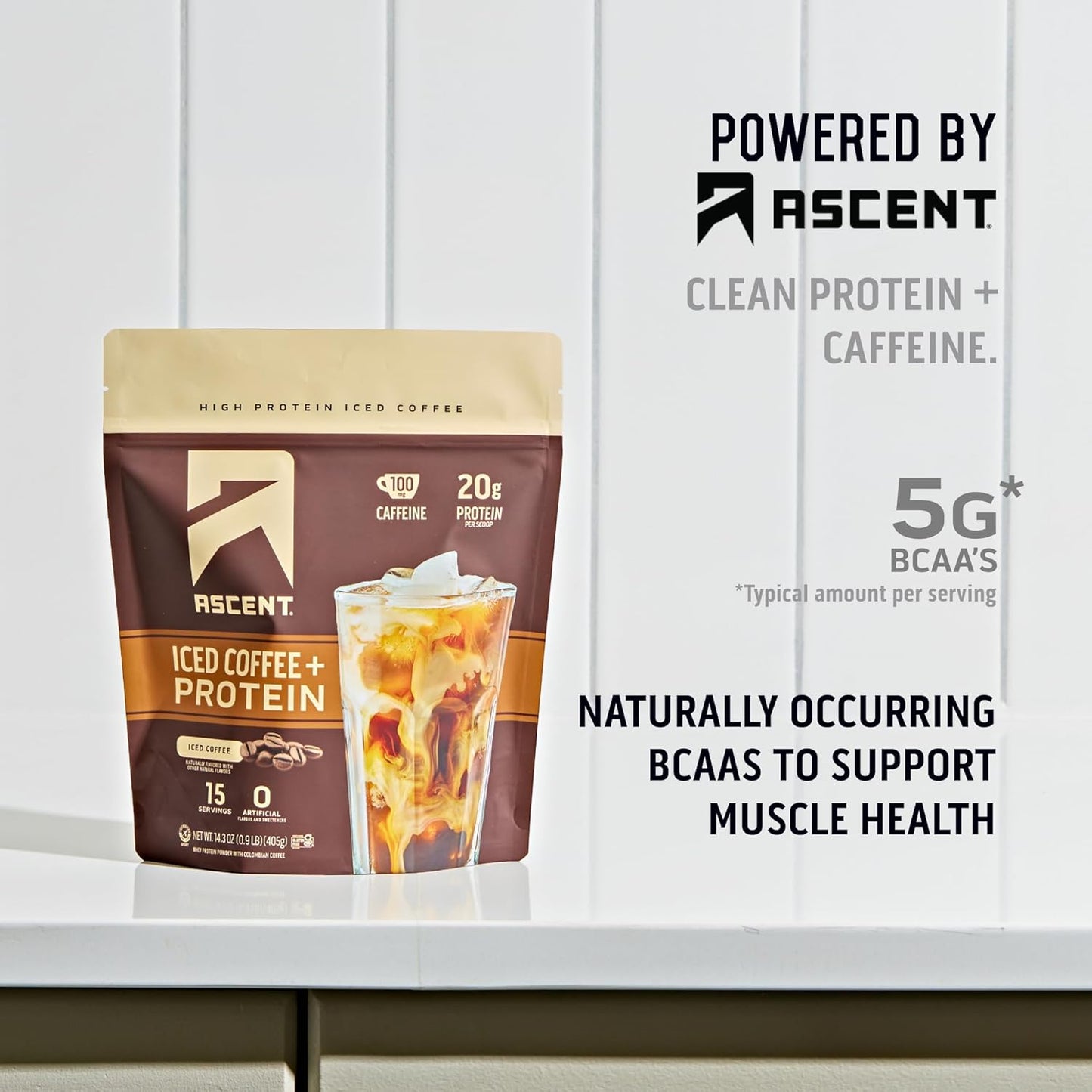 Ascent High Protein Iced Coffee Powder - 20g Protein, 100mg Caffeine, Premium Colombian Coffee, No Artificial Flavors - 15 Servings - Espot.com.au