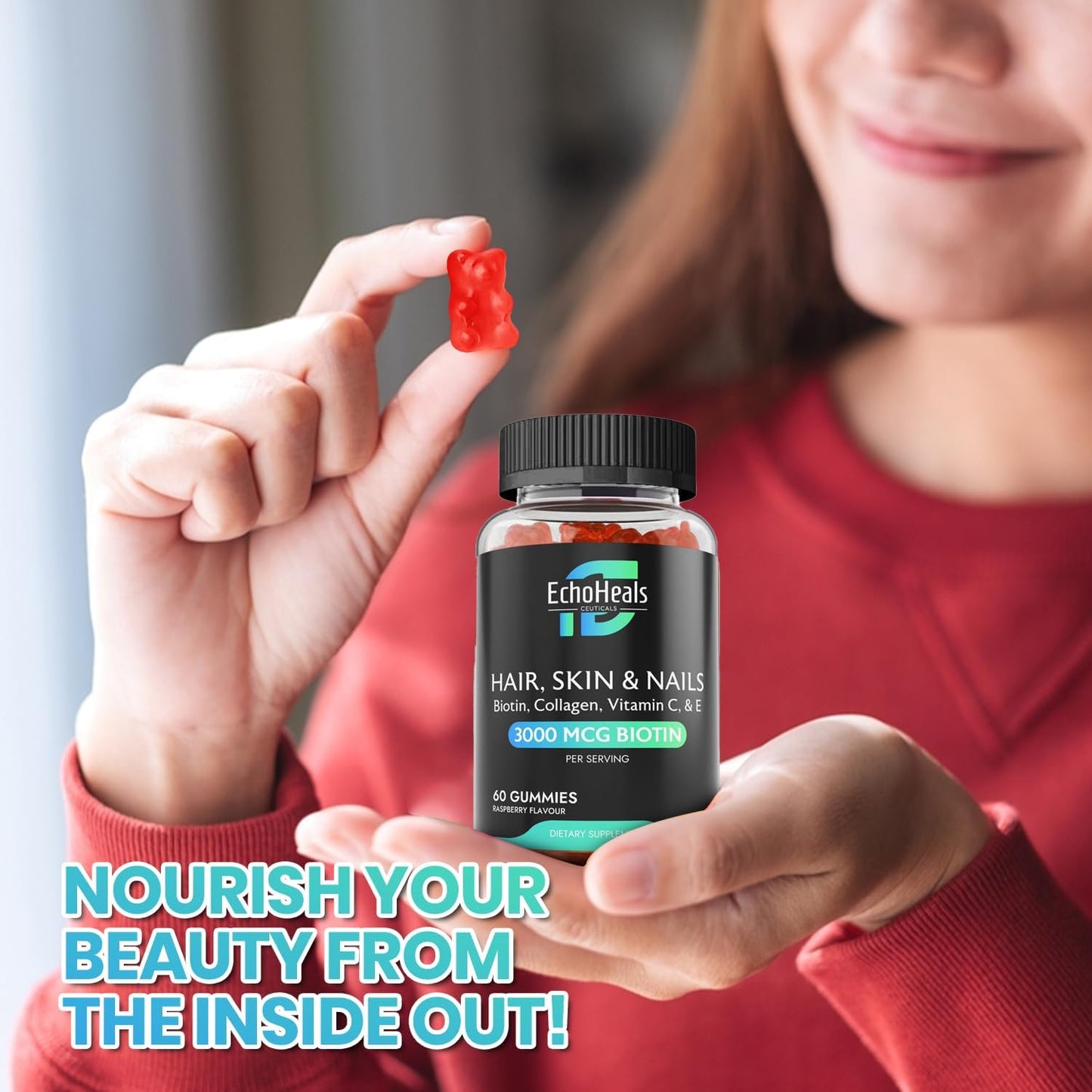 Raspberry Flavored Hair, Skin & Nail Gummies with Biotin, Collagen, Vitamin C & E - 60 Gummies | EchoHeals CEUTICALS - Espot.com.au