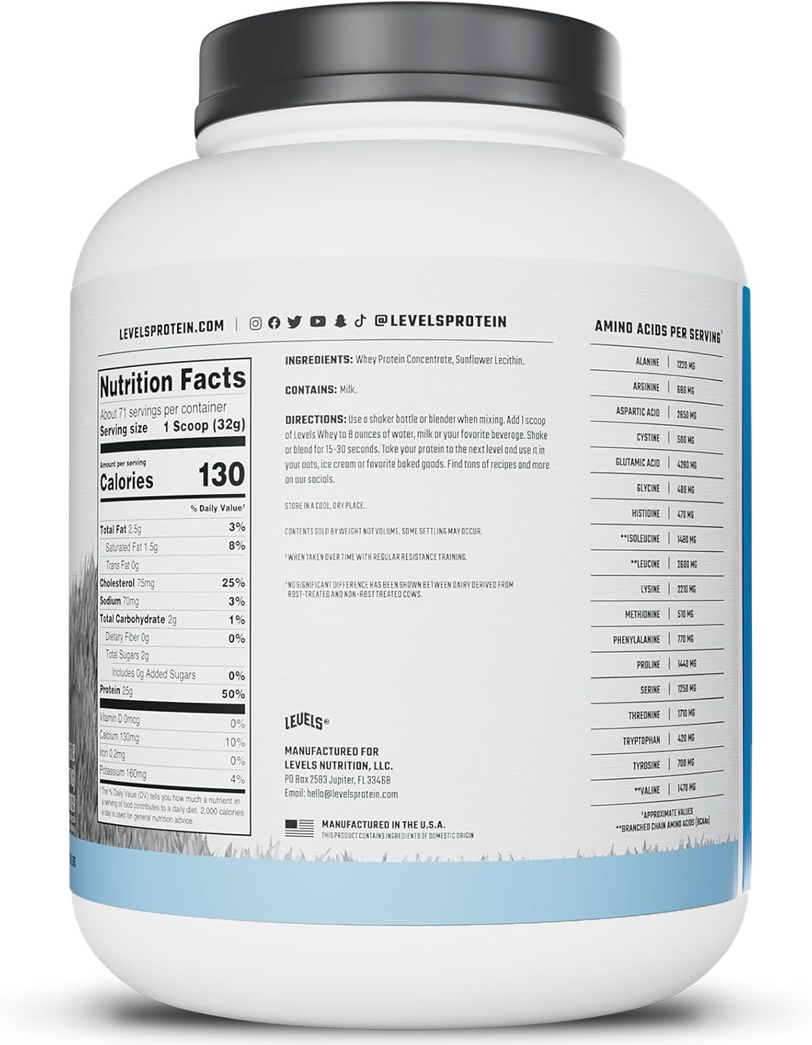 Levels Nutrition Grass Fed Whey Protein Powder - 5LB, 25G Protein, No Artificial Ingredients, Unflavored - Espot.com.au