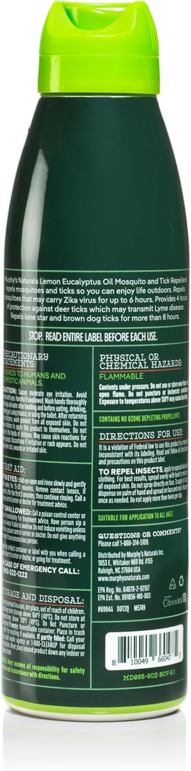 Murphy's Naturals Lemon Eucalyptus Oil Insect Repellent Mist 2-Pack - DEET-Free, Plant-Based Formula for Skin and Gear - Mosquito and Tick Repellent - 6 oz Continuous Spray - Espot.com.au