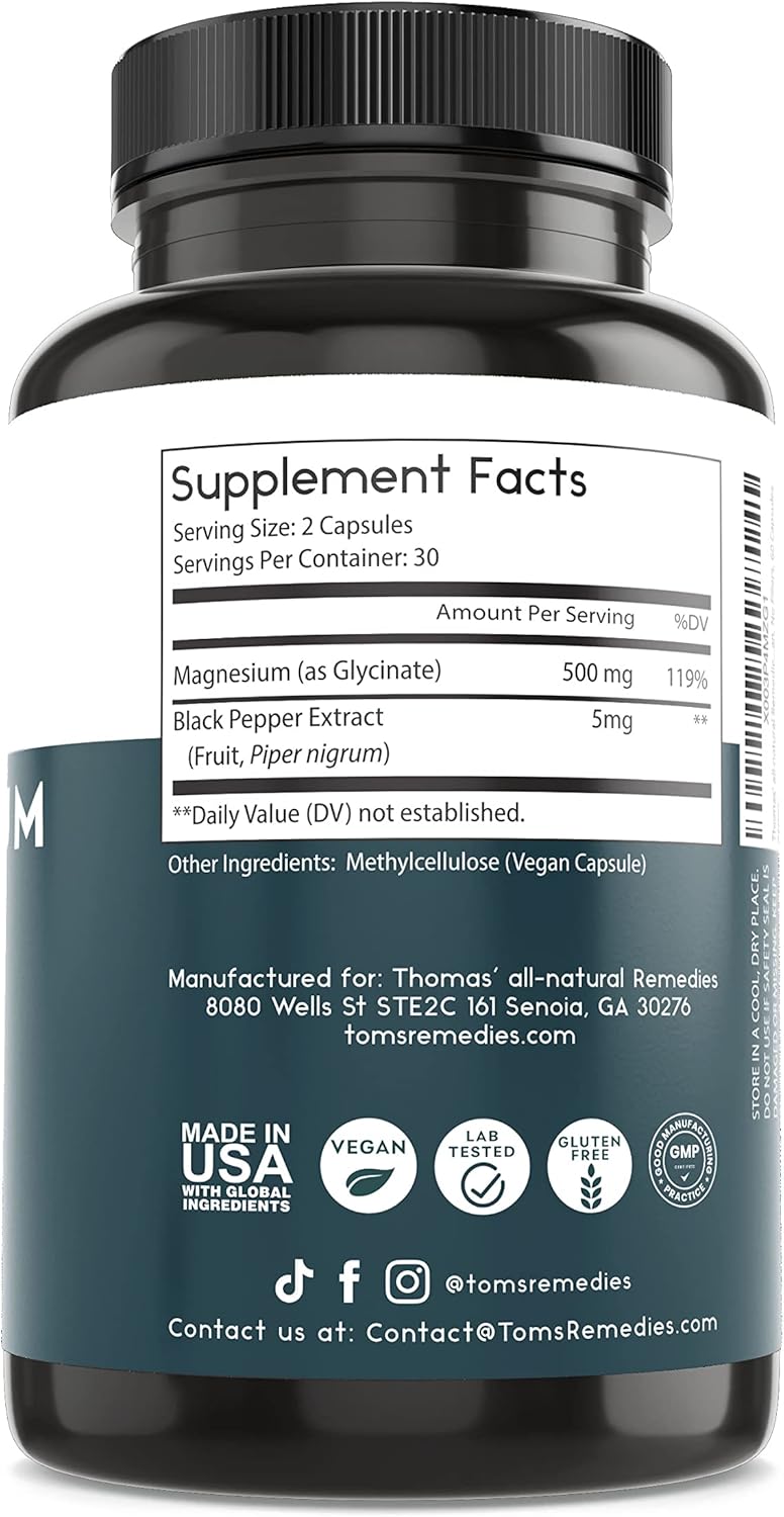 High Absorption Magnesium Glycinate Supplements for Muscle and Bone Support - 60 Vegan Capsules, All-Natural Dietary Supplements with No Fillers, Non-GMO - Espot.com.au